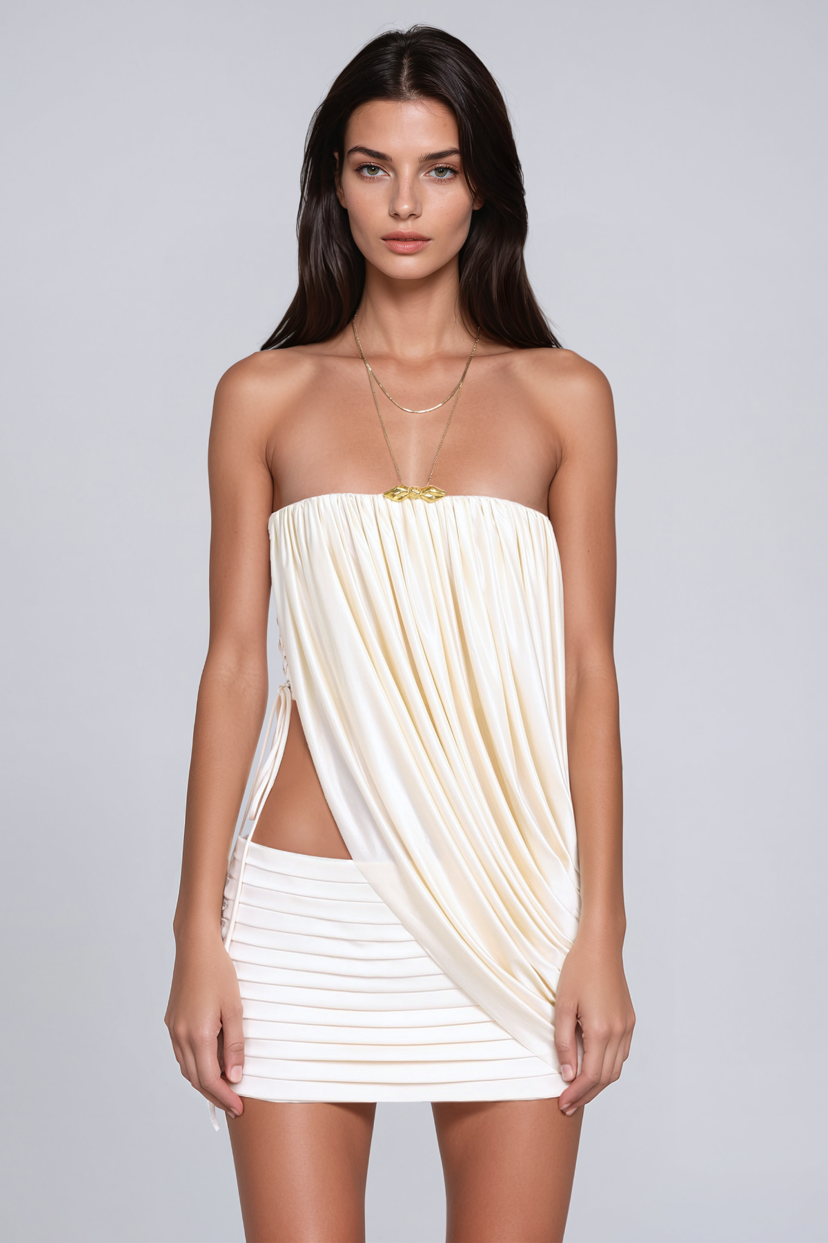 Javonte Strapless Ruch Split Mini Skirt Set