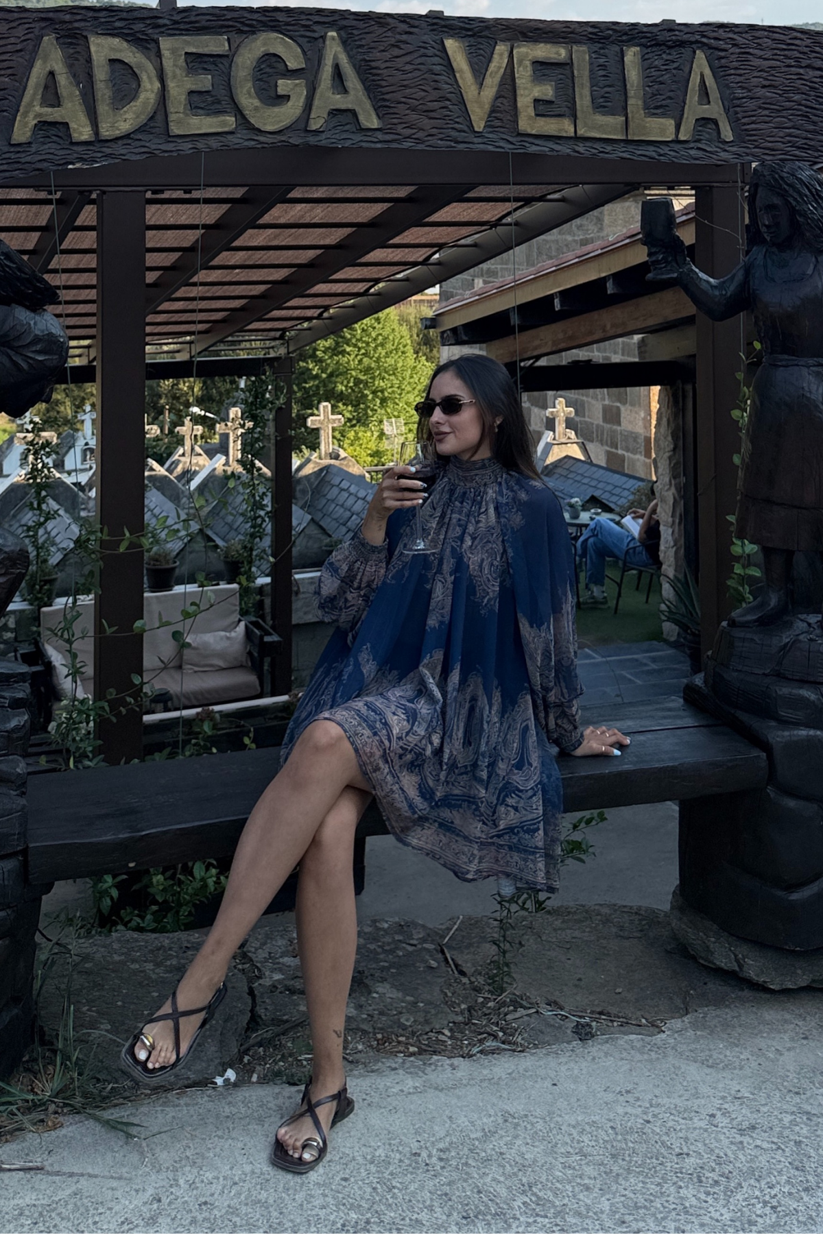 Hermokrates Bell Sleeve Print Ruffle Mini Dress In Dark Blue