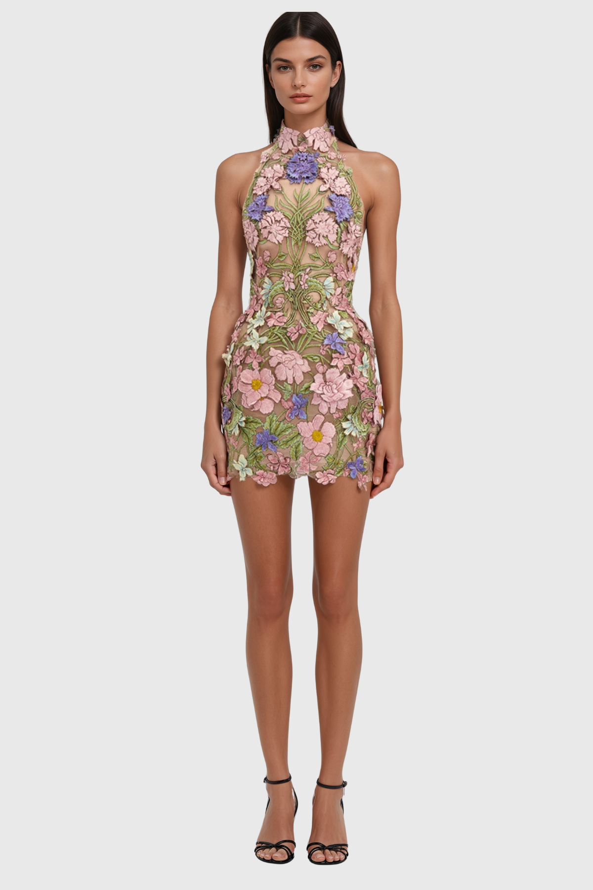 Denica Backless Embroidered Flower Mini Dress