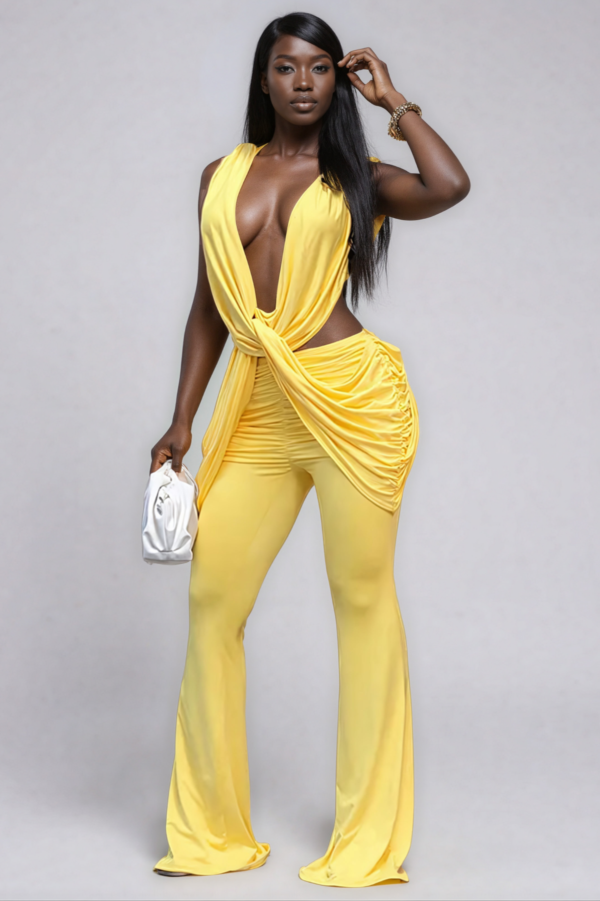 Ceylin Ruch Twist Plunge Pants Set