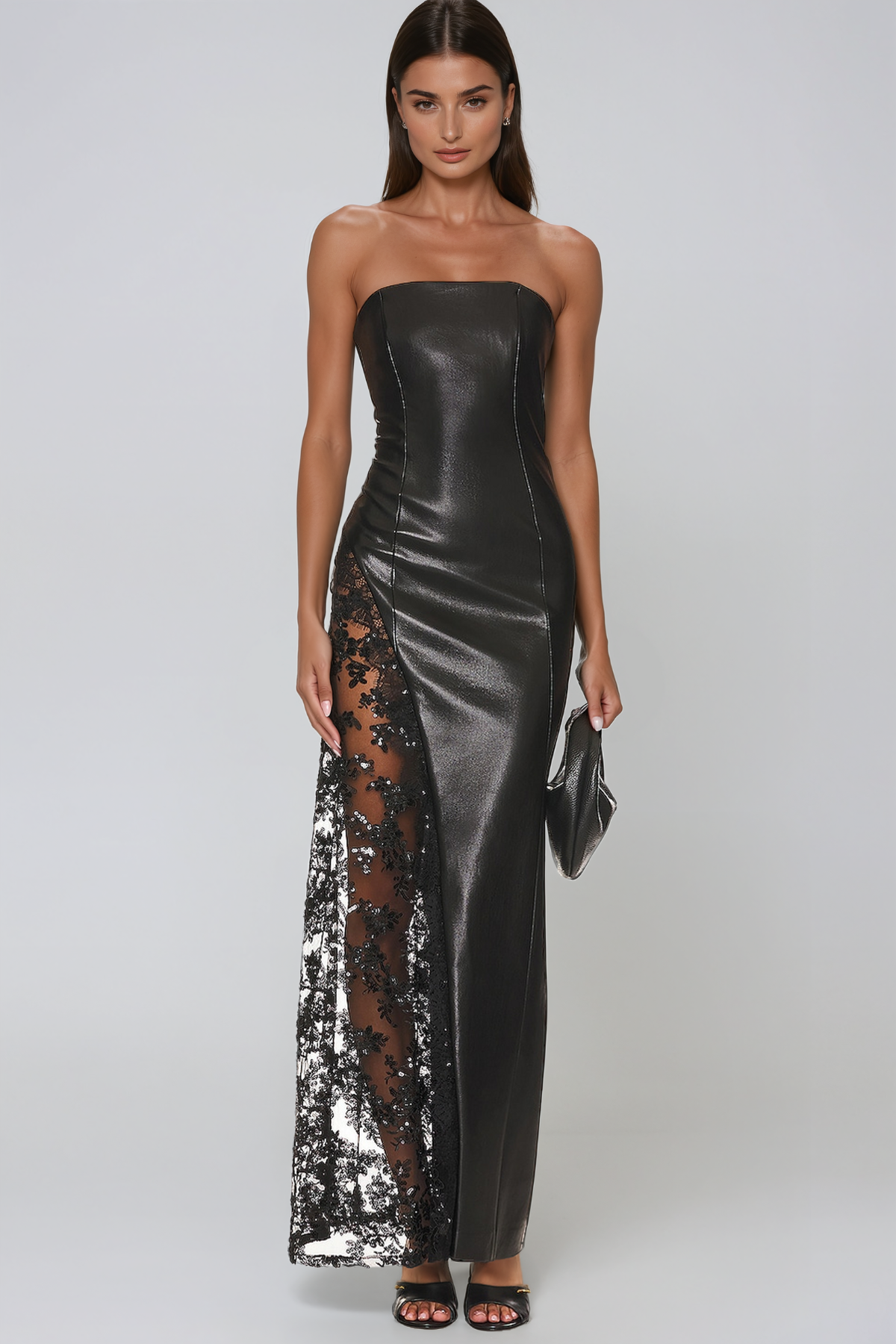 Jaume Strapless Leather Lace Maxi Dress