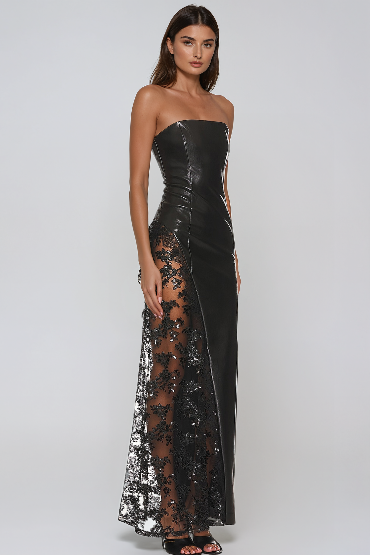 Jaume Strapless Leather Lace Maxi Dress