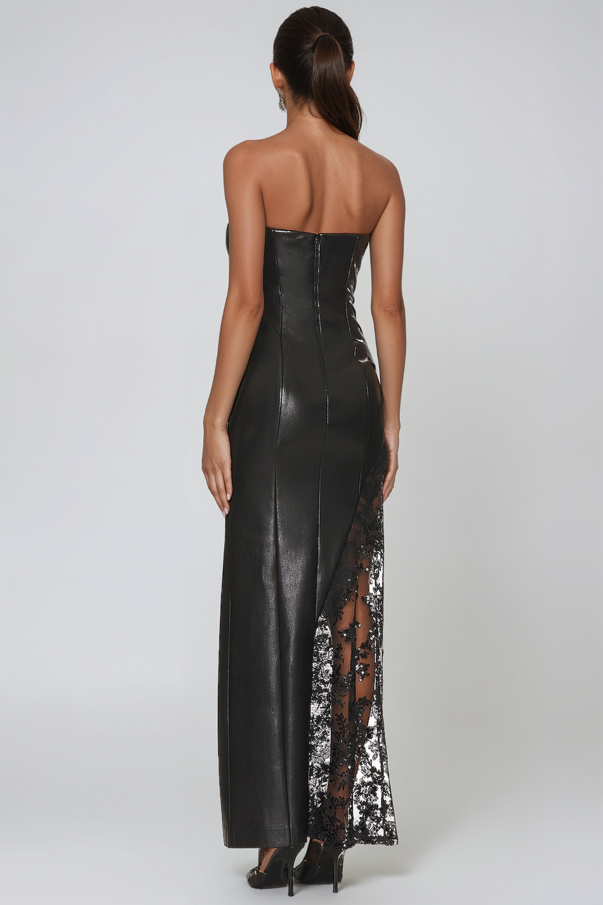 Jaume Strapless Leather Lace Maxi Dress