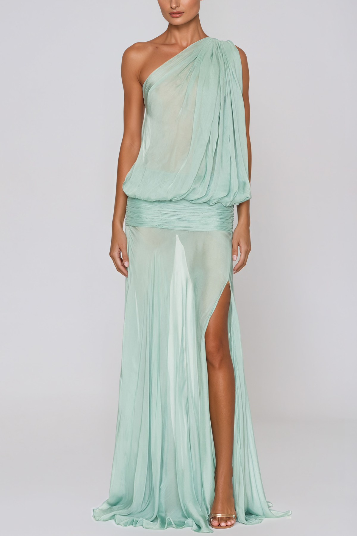 Javaid One Shoulder Mesh Draped Maxi Dress