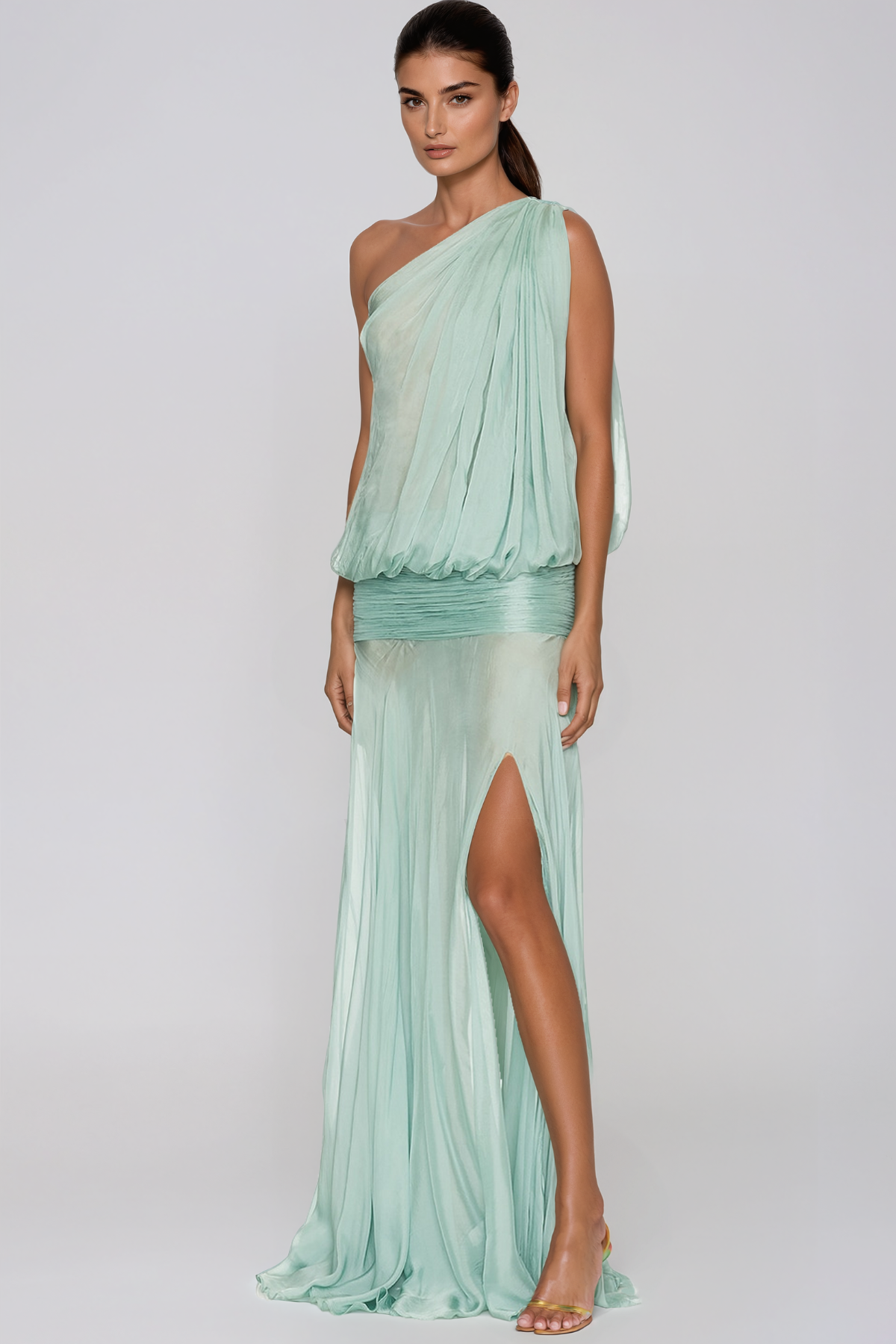 Javaid One Shoulder Mesh Draped Maxi Dress