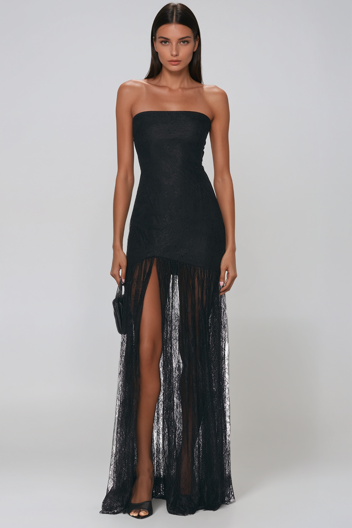 Javad Strapless Lace Split Maxi Dress