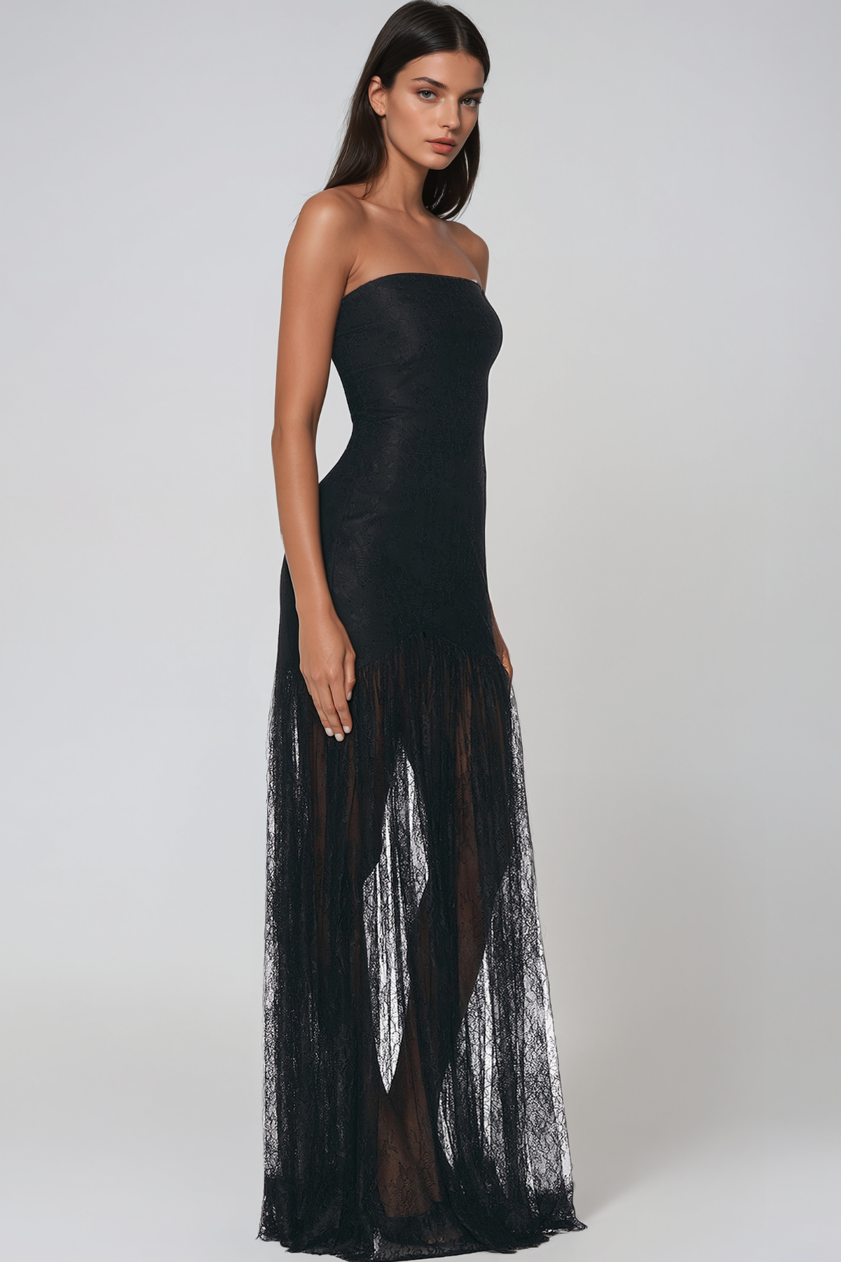 Javad Strapless Lace Split Maxi Dress