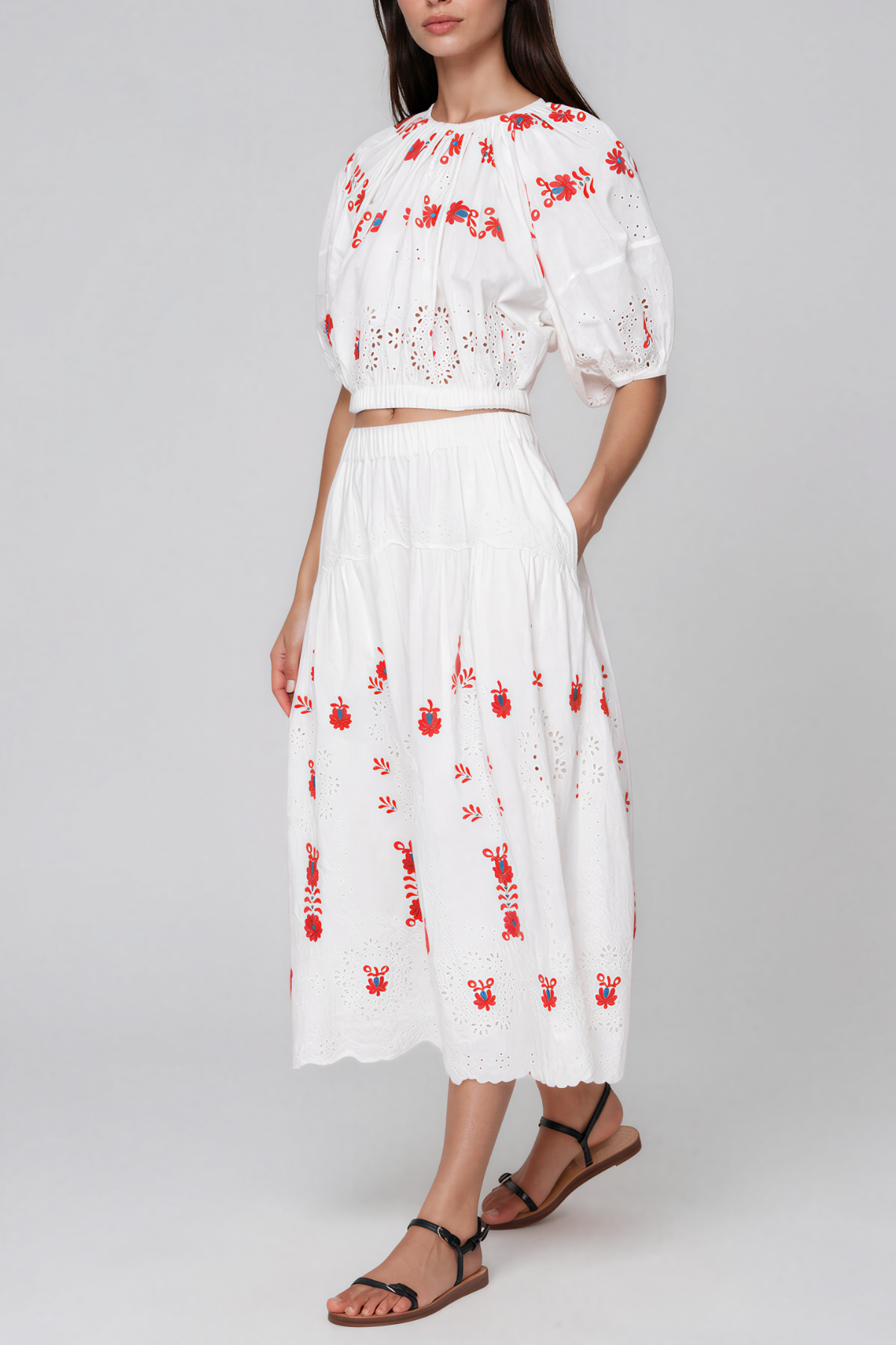Kaida Puff Sleeve Embroided Floral Skirt Set