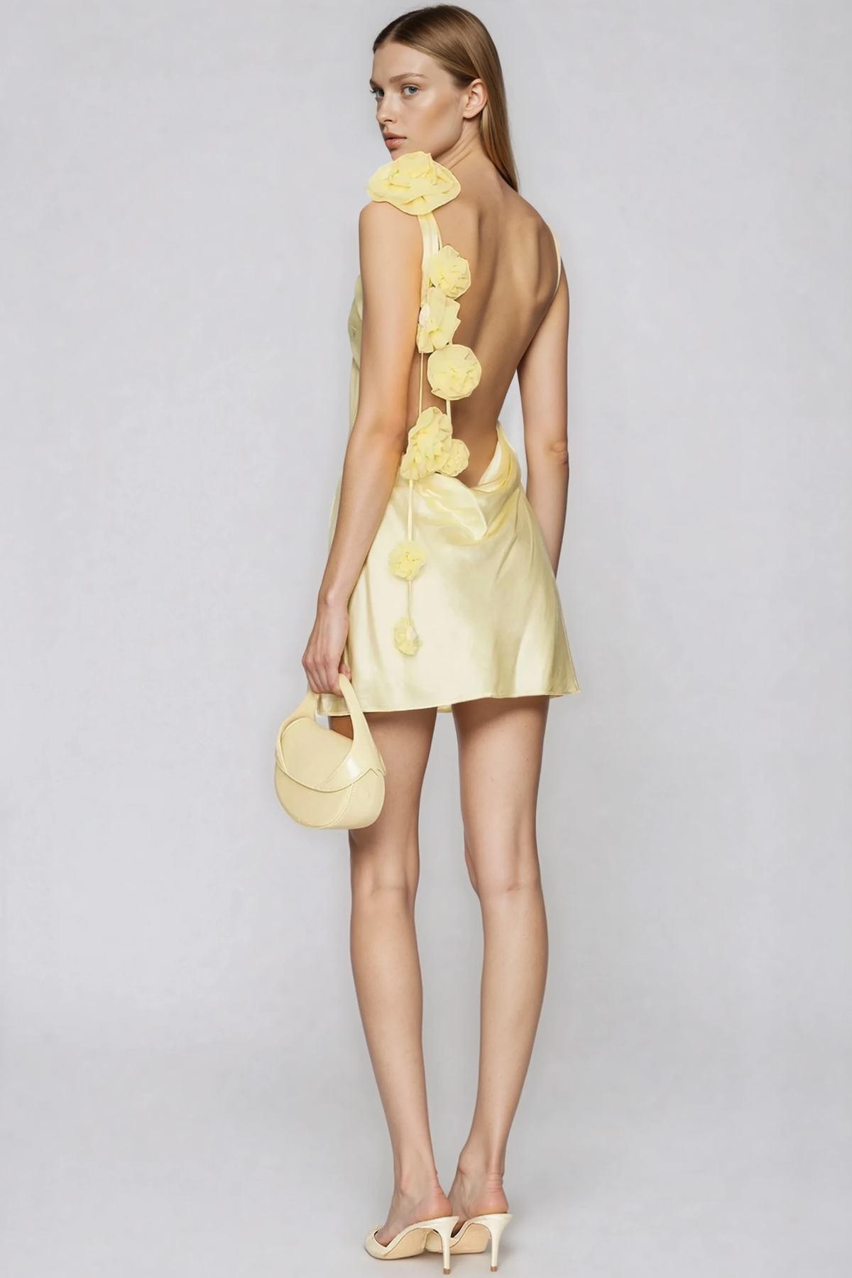 Berit Satin Flower Strap Mini Dress In Yellow