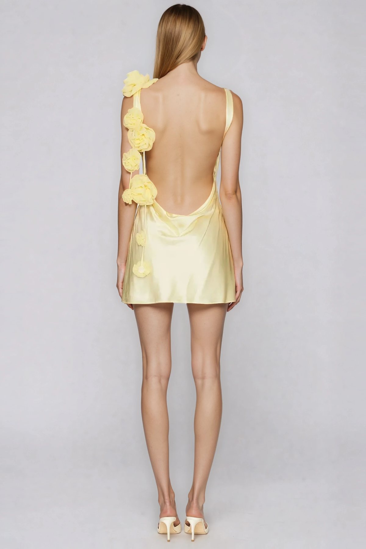 Berit Satin Flower Strap Mini Dress In Yellow