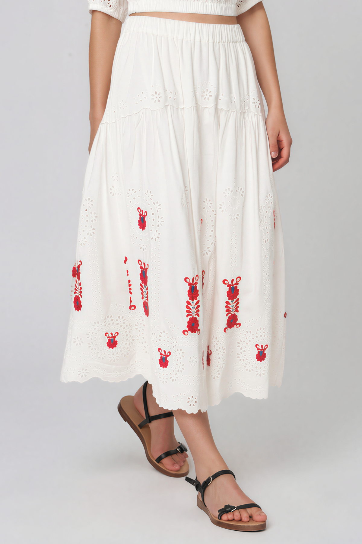 Kaida Puff Sleeve Embroided Floral Skirt Set