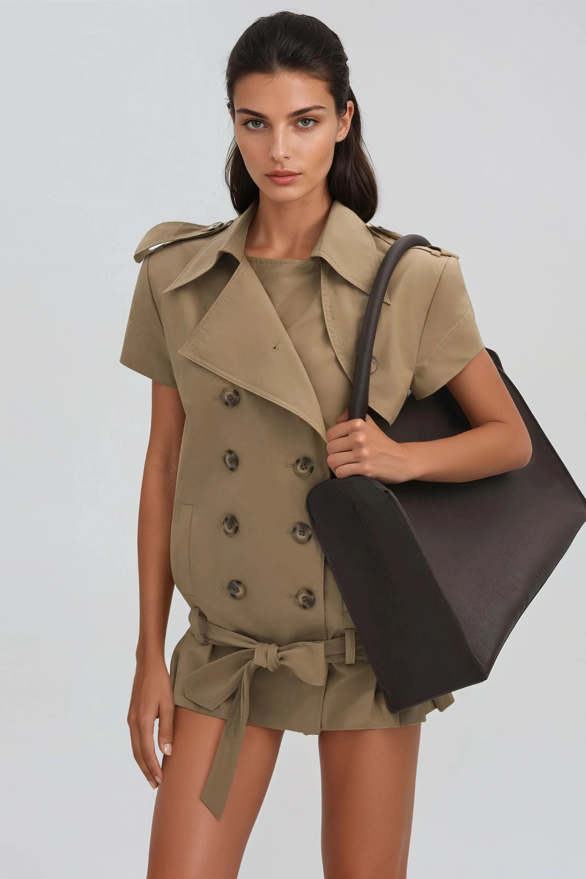 Hadubert Double Breasted Trench Coat Mini Dress In Khaki