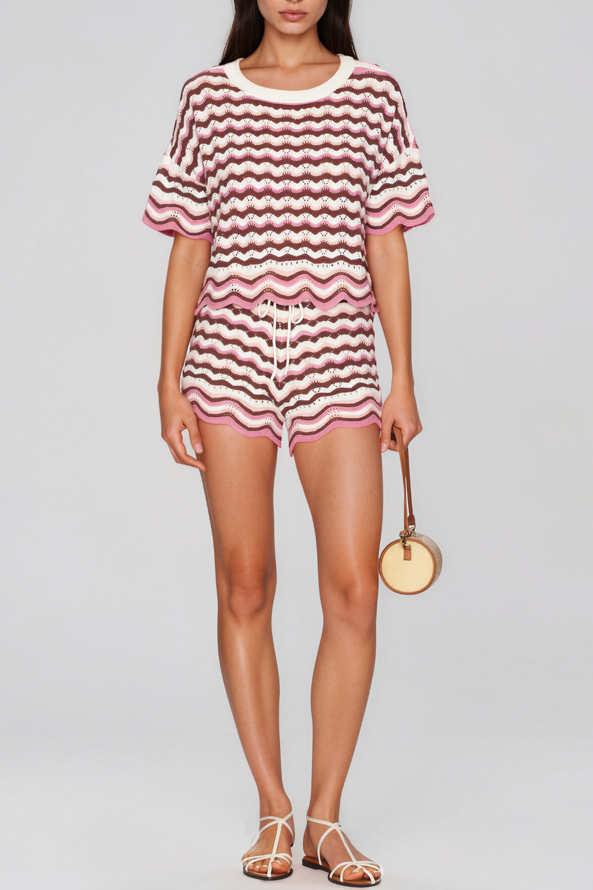 Henry Stripe Knit Shorts Set In Pink