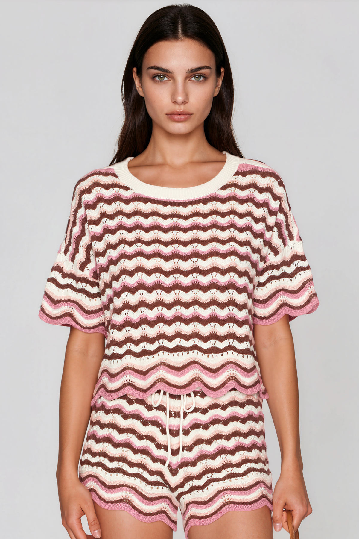 Henry Stripe Knit Shorts Set In Pink