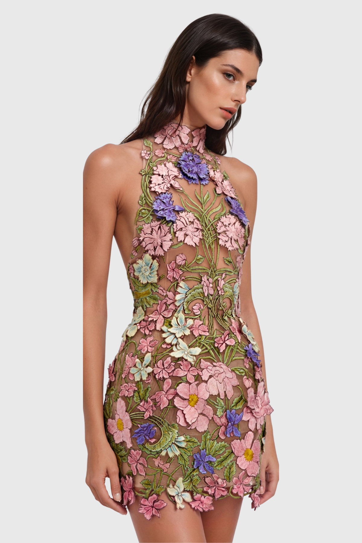 Denica Backless Embroidered Flower Mini Dress
