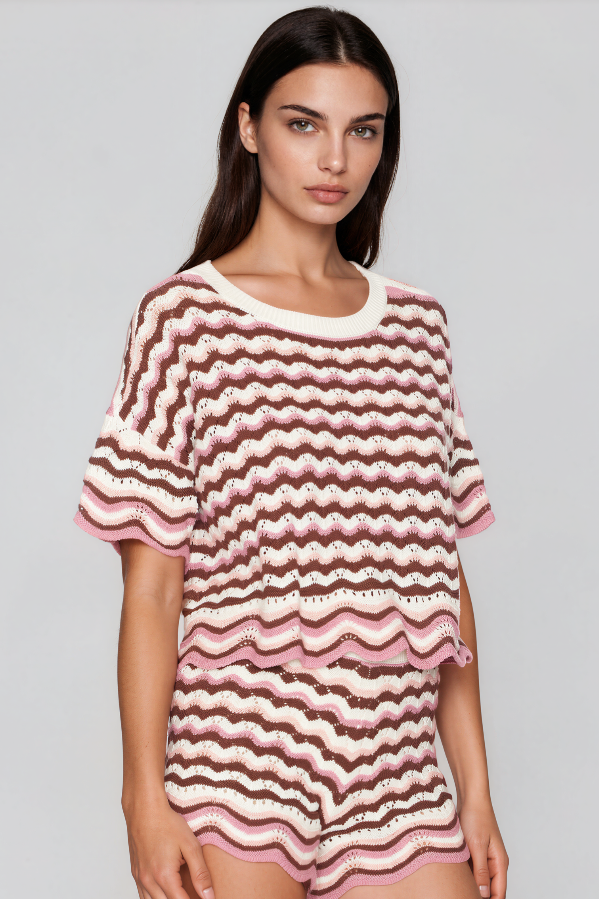 Henry Stripe Knit Shorts Set In Pink