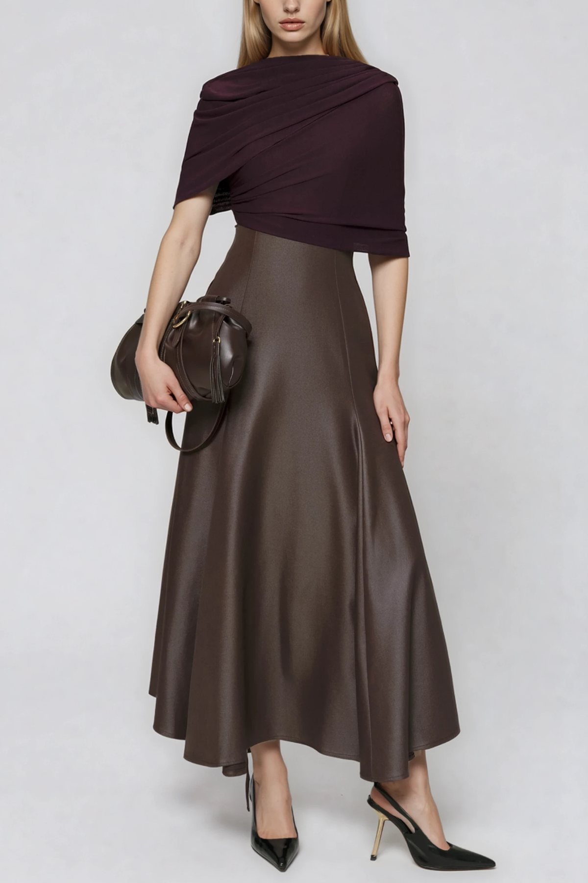 Herkus Mesh Shawl Leather Maxi Dress