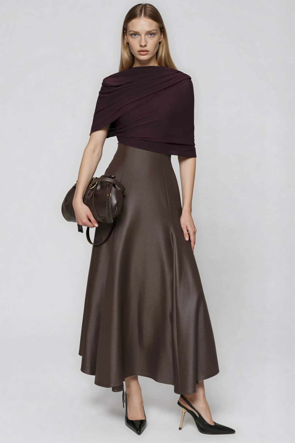 Herkus Mesh Shawl Leather Maxi Dress
