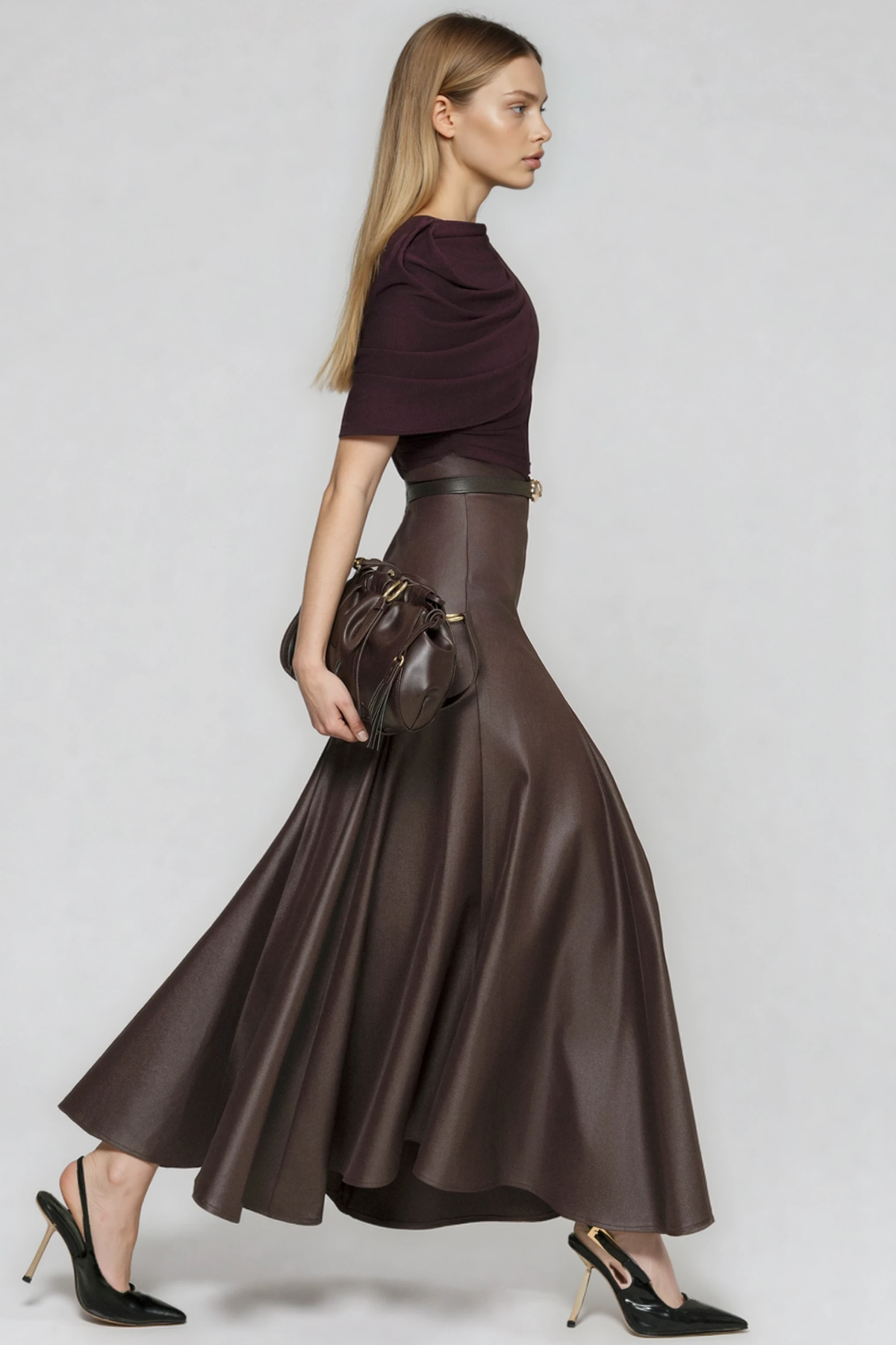 Herkus Mesh Shawl Leather Maxi Dress