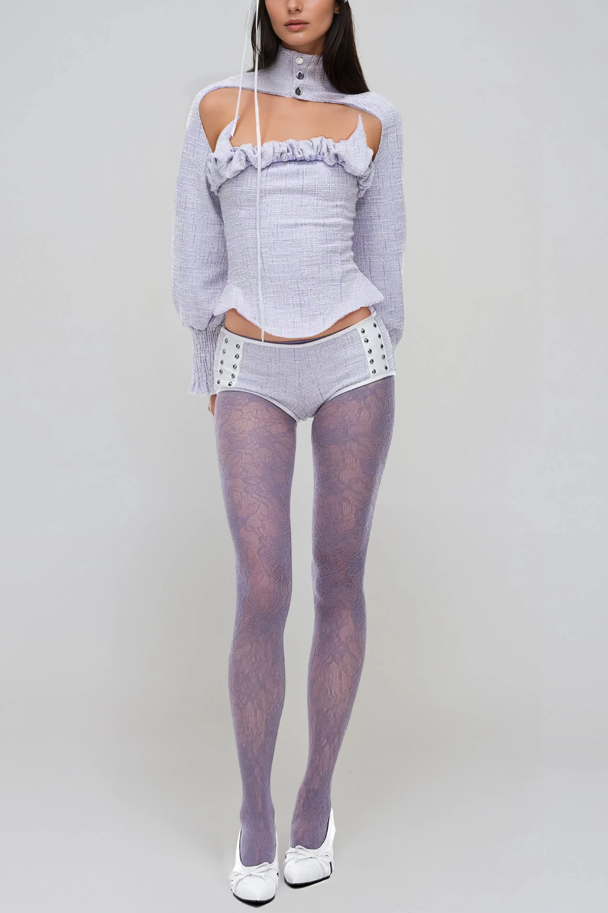 Henrieta Cape Sleeve Ruffle Studded Shorts Set