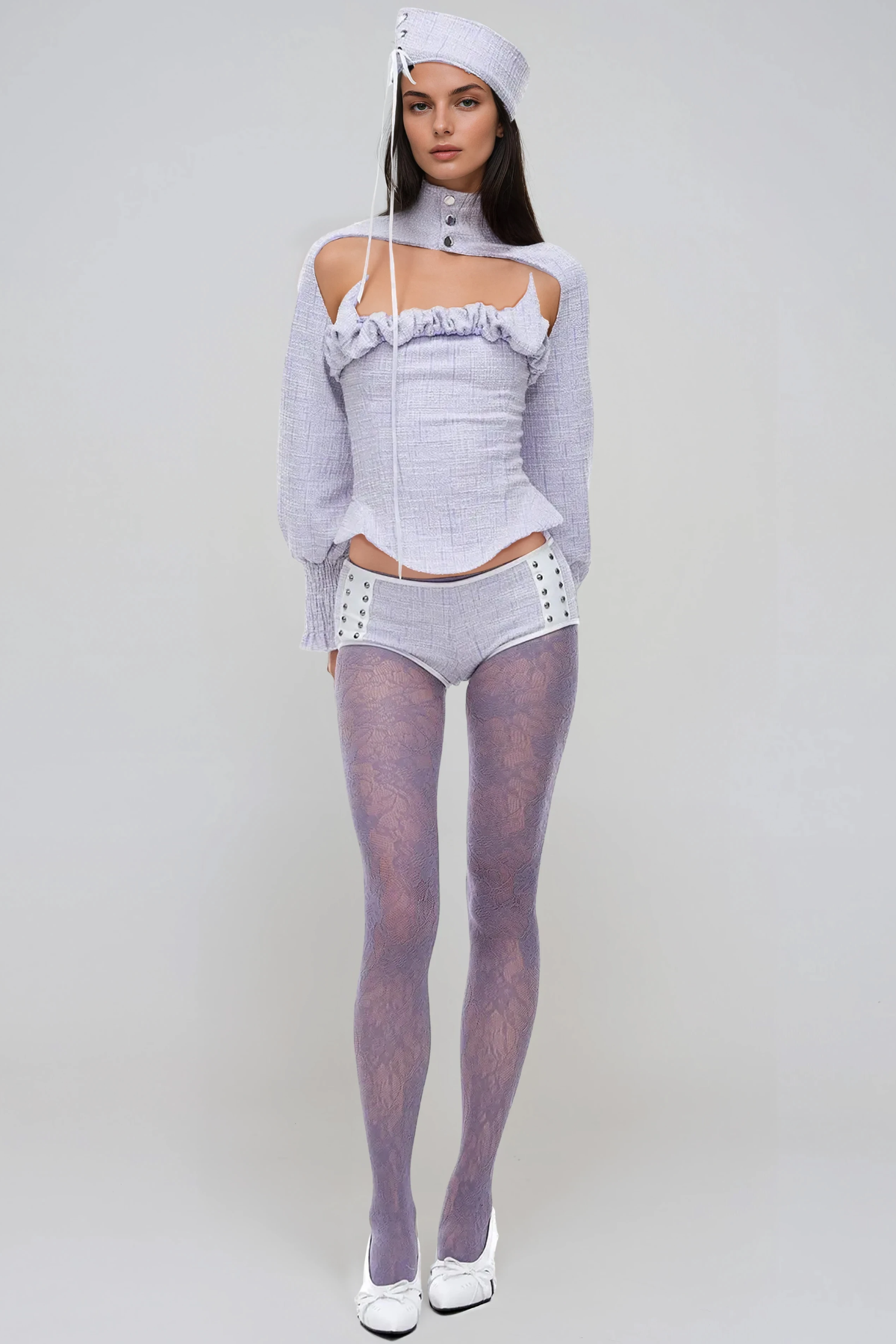 Henrieta Cape Sleeve Ruffle Studded Shorts Set