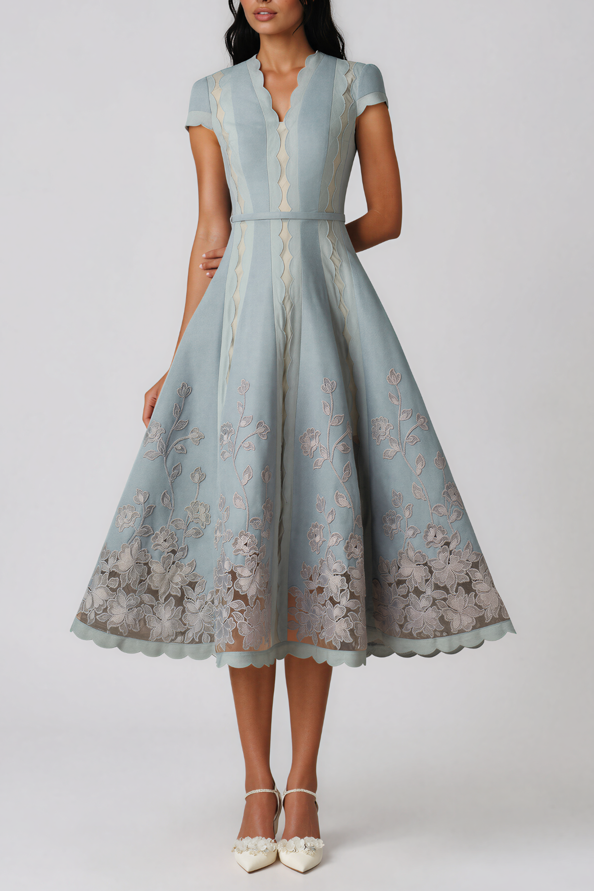 Kabira V Neck Floral Flared Midi Dress