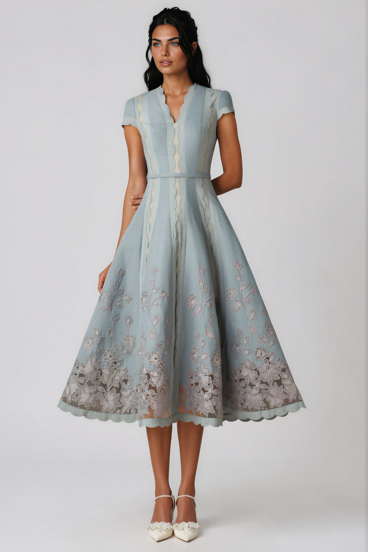 Kabira V Neck Floral Flared Midi Dress