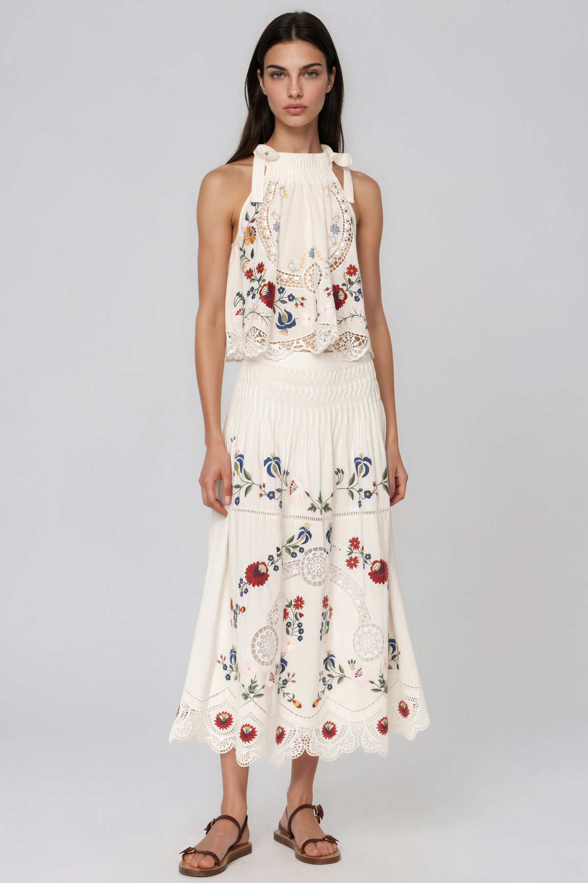 Lenia Halter Neck Floral Lace Skirt Set