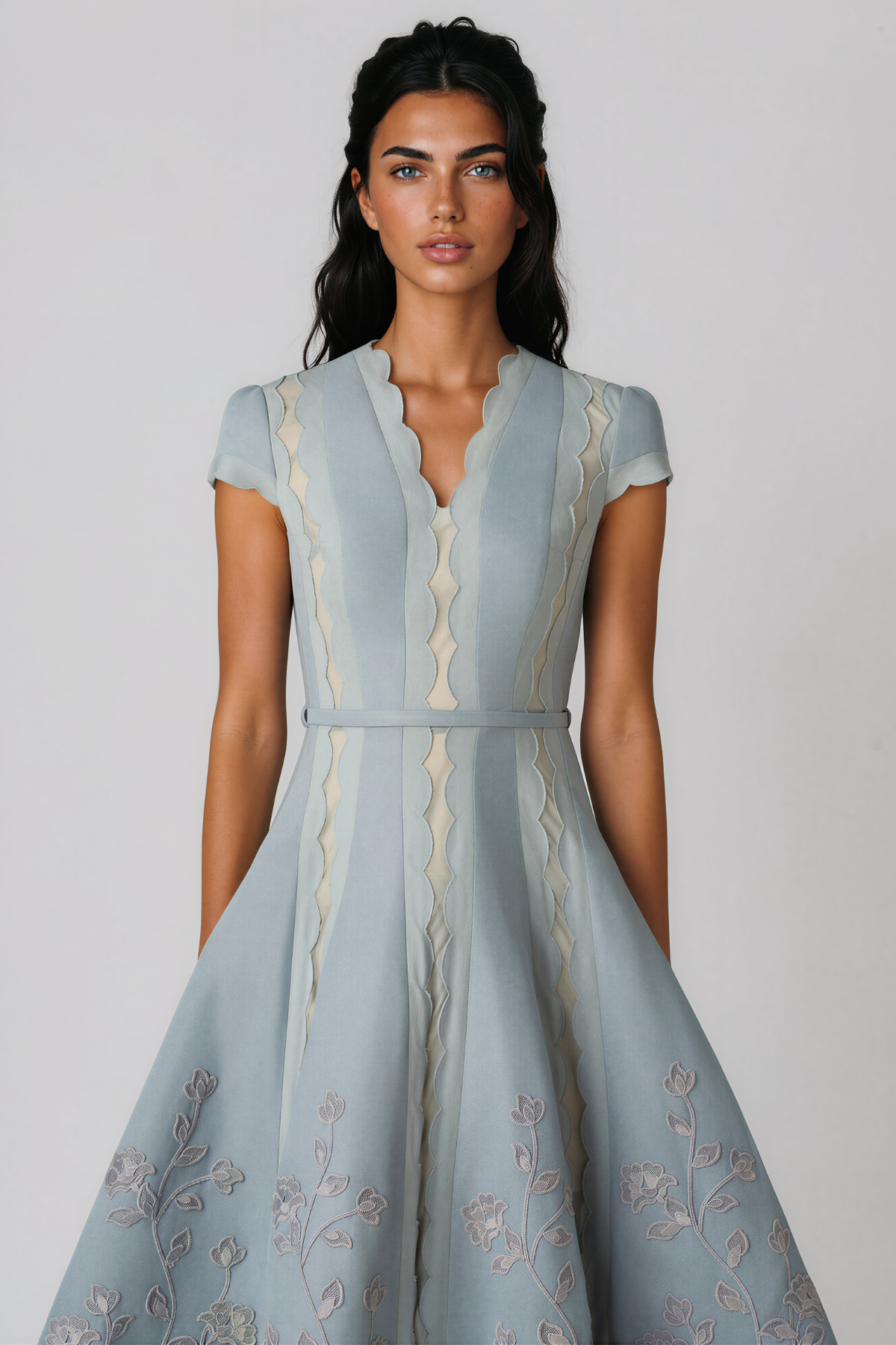 Kabira V Neck Floral Flared Midi Dress