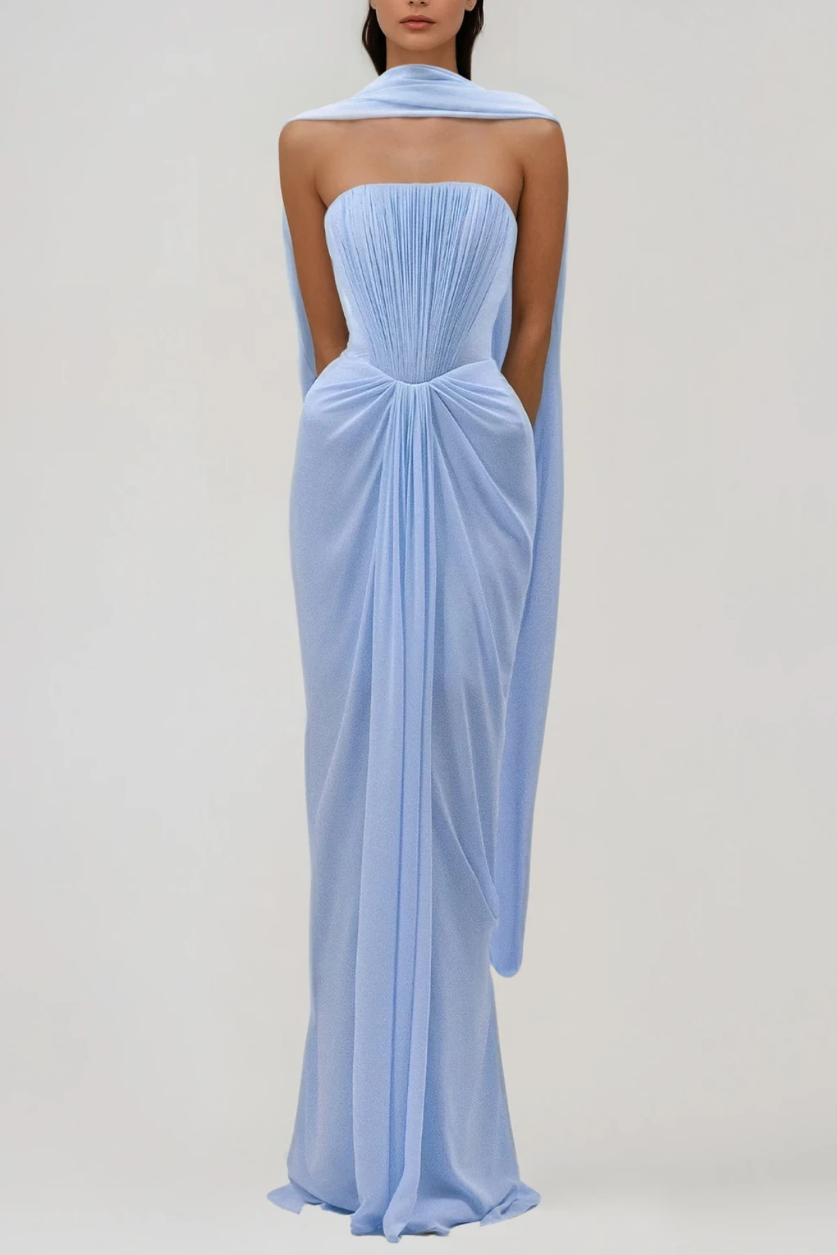 Giosetta Mesh Shawl Draped Maxi Dress In Blue