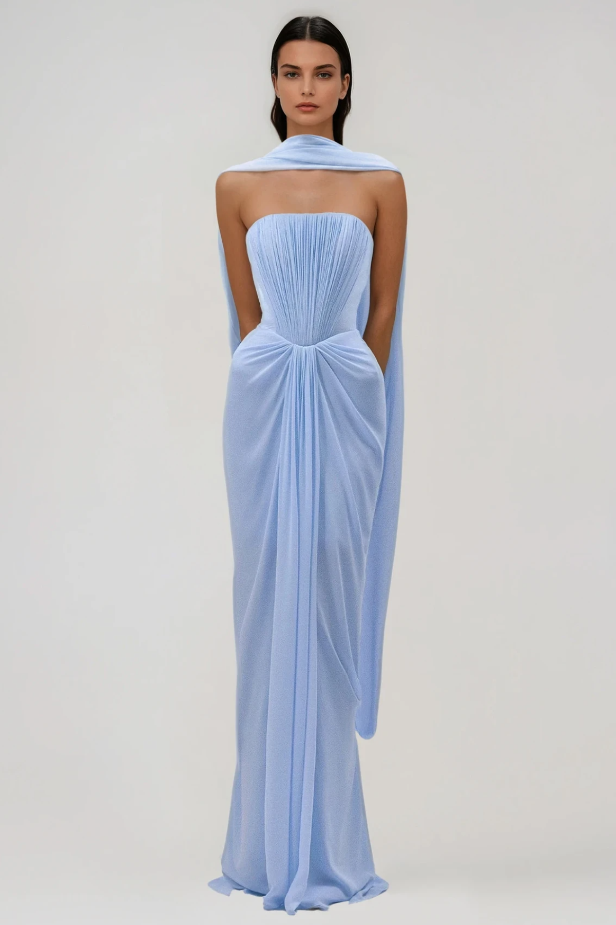 Giosetta Mesh Shawl Draped Maxi Dress In Blue