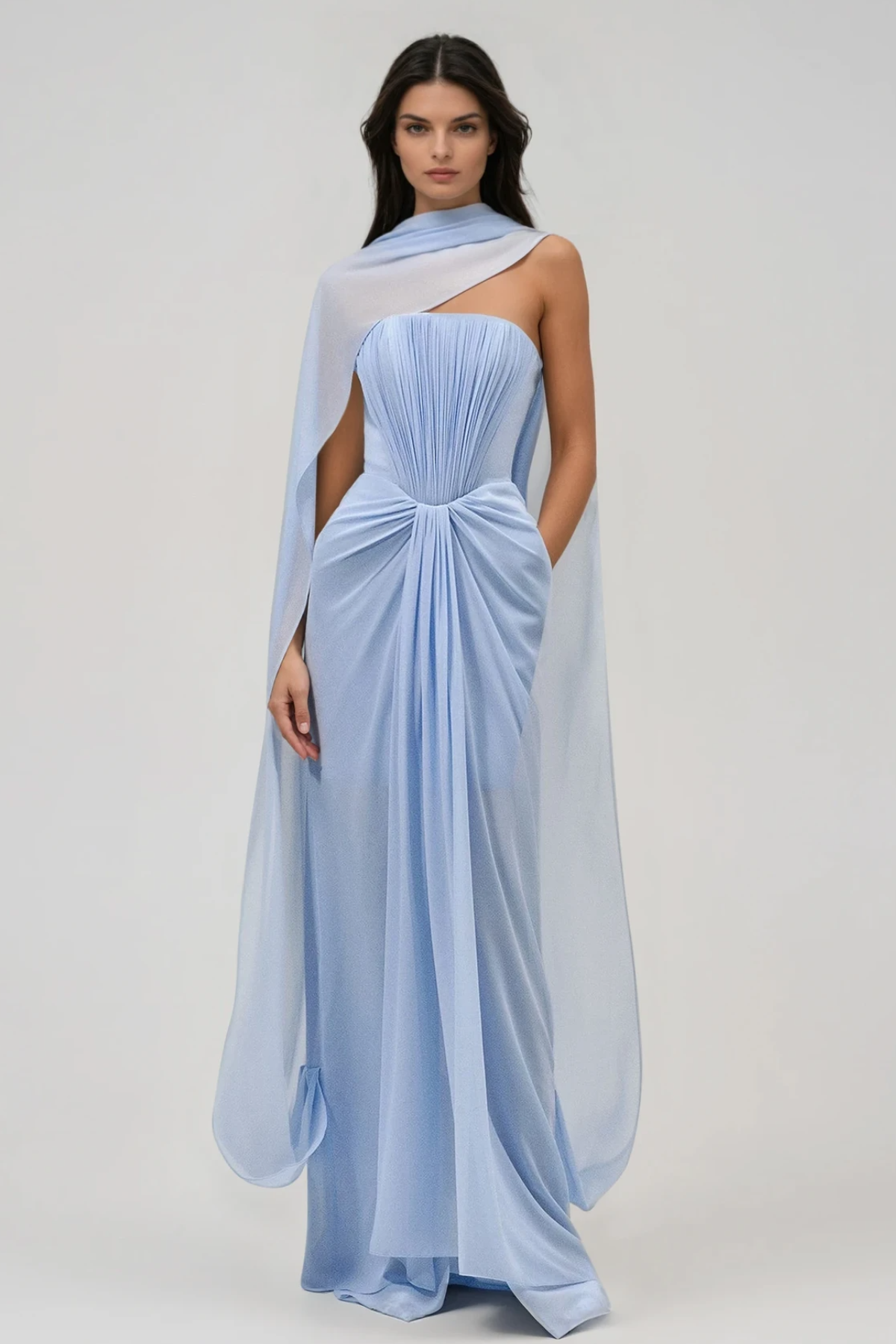 Giosetta Mesh Shawl Draped Maxi Dress In Blue