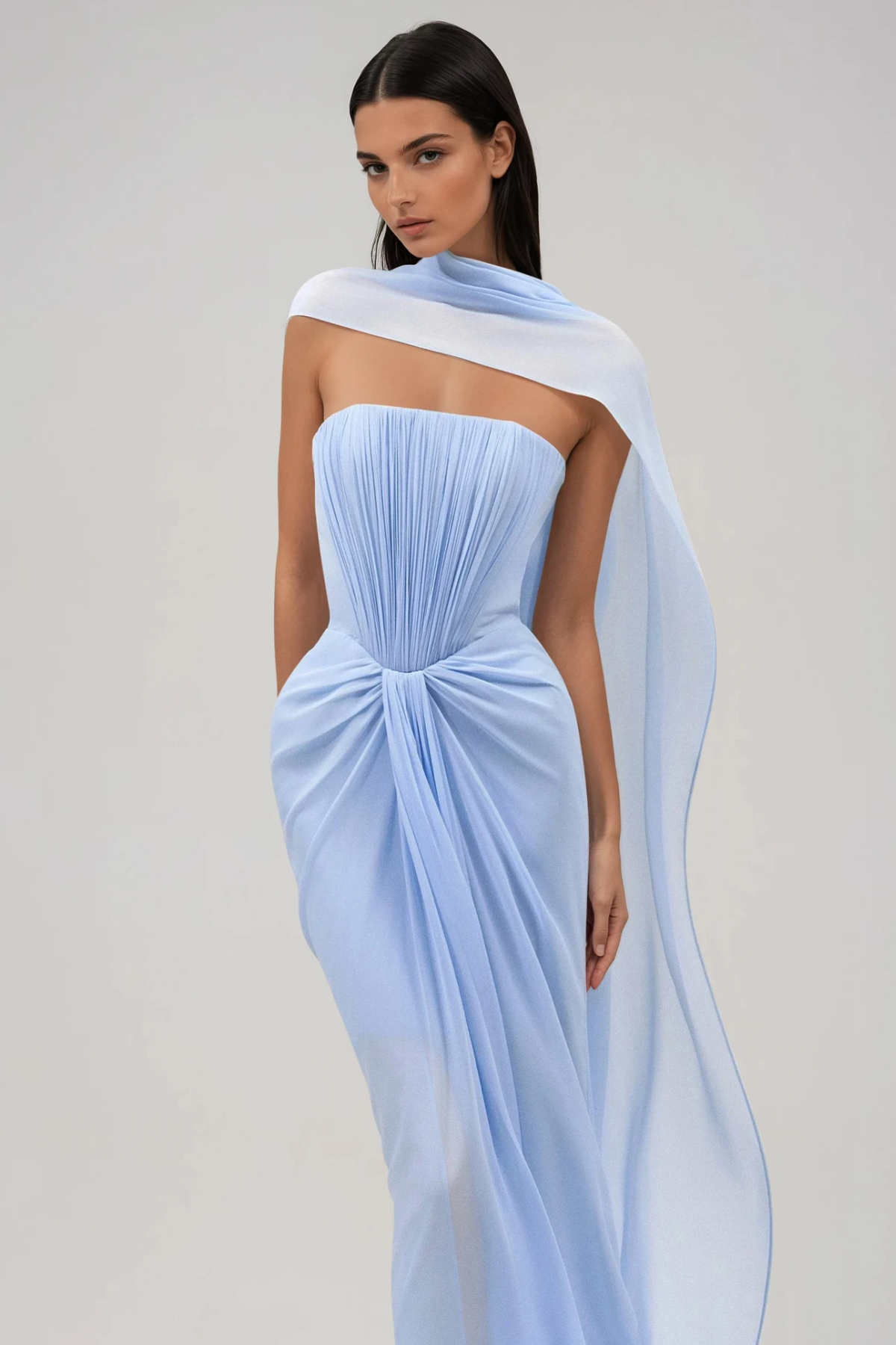 Giosetta Mesh Shawl Draped Maxi Dress In Blue