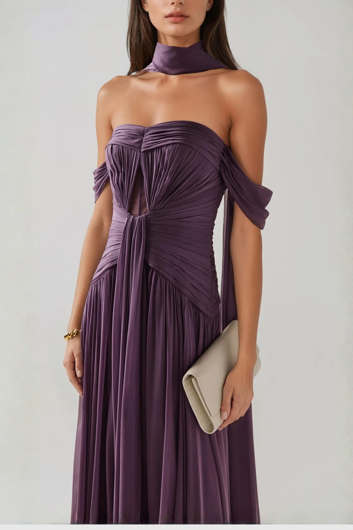 Giosetta Off Shoulder Ruch Scarf Maxi Dress In Purple