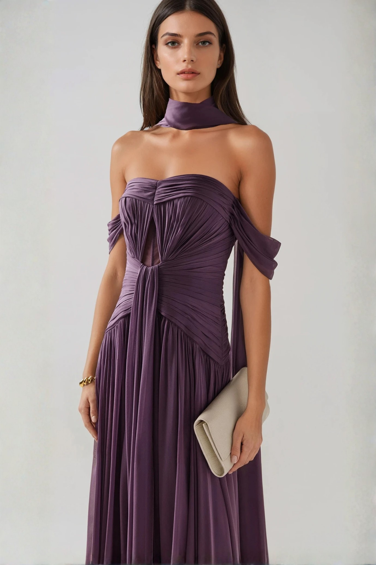 Giosetta Off Shoulder Ruch Scarf Maxi Dress In Purple