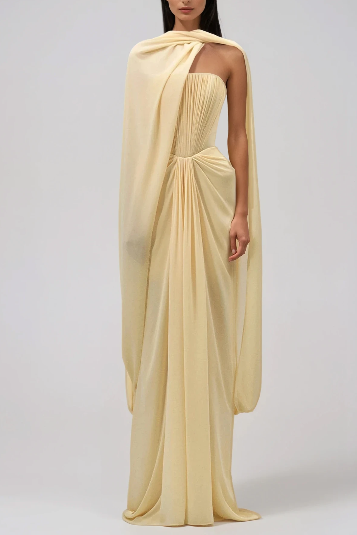 Giosetta Mesh Shawl Draped Maxi Dress In Yellow