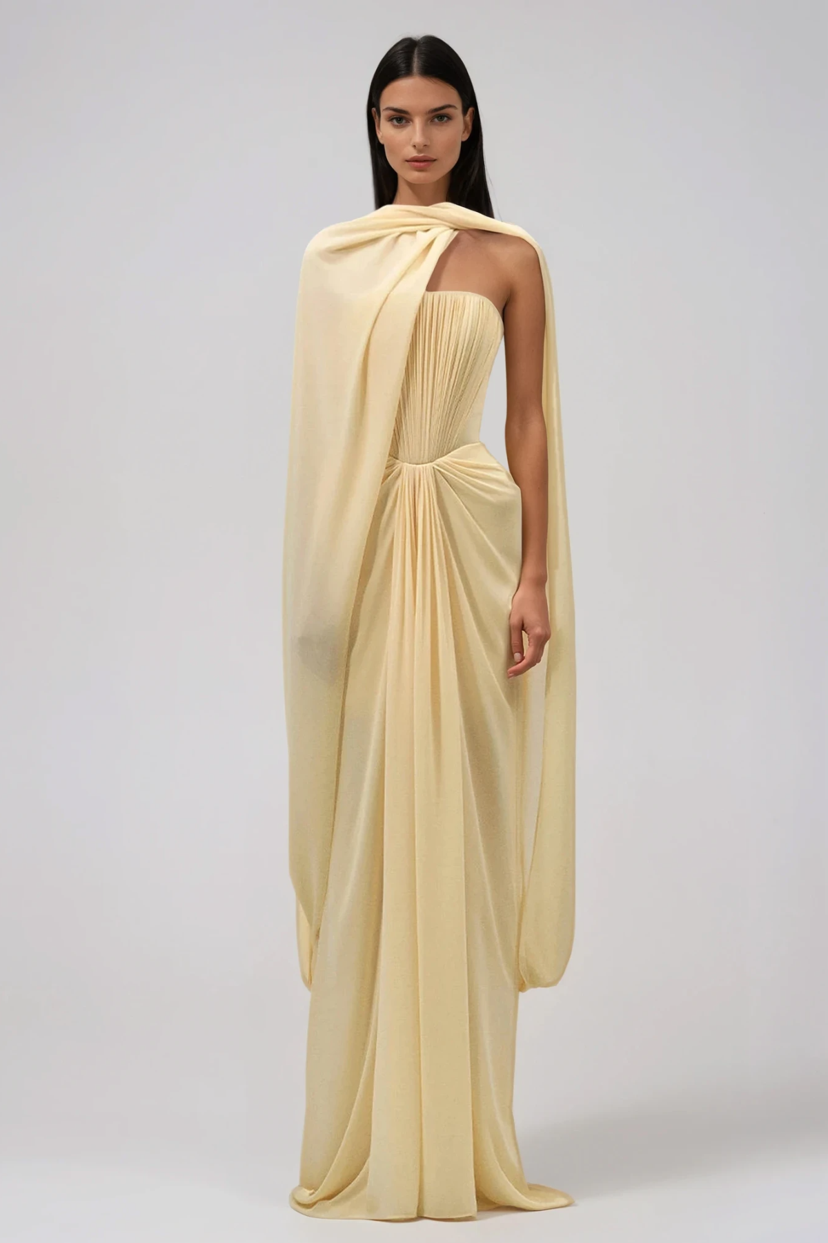 Giosetta Mesh Shawl Draped Maxi Dress In Yellow
