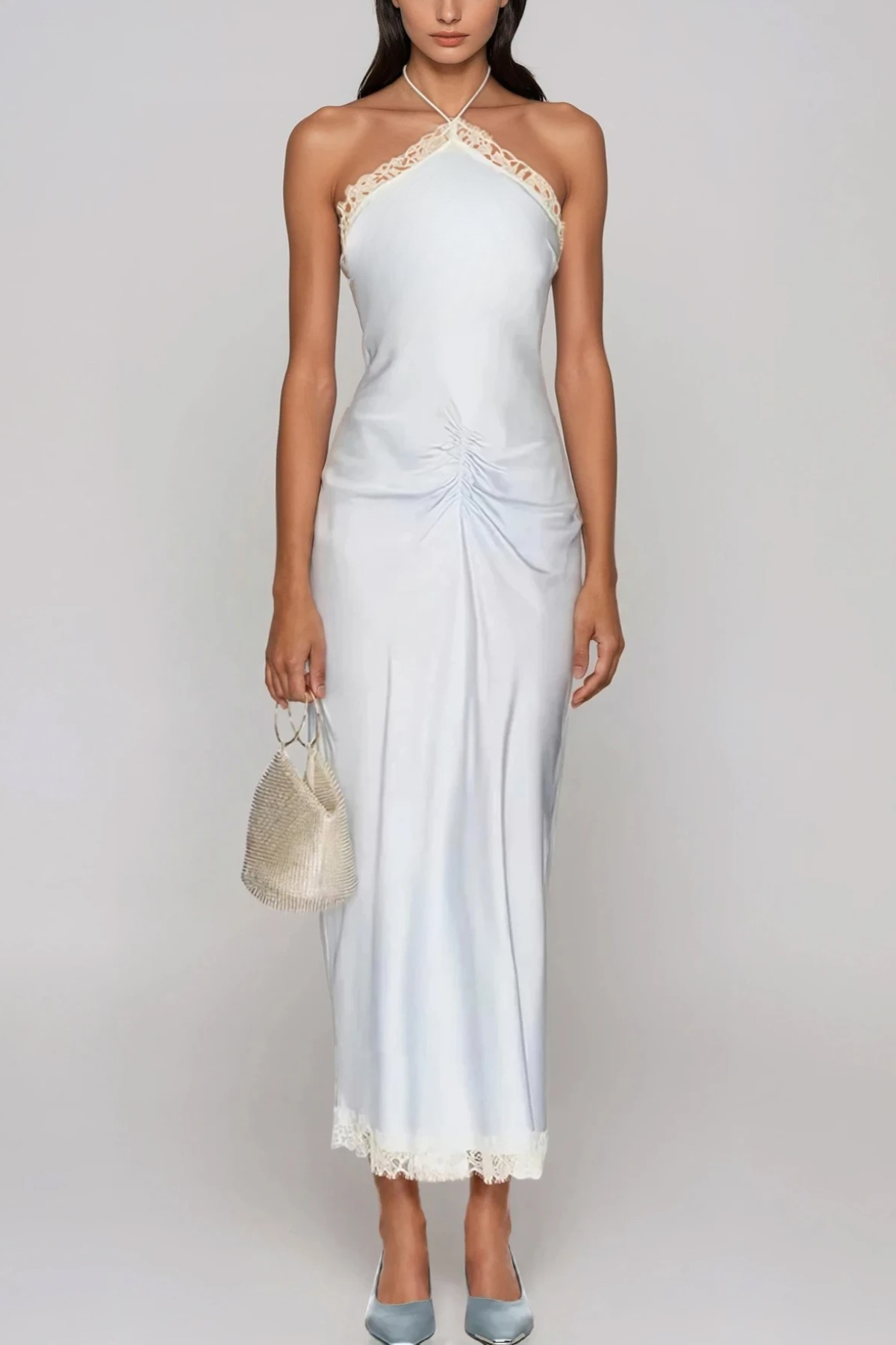 Giselmund Halter Neck  Lace Satin Midi Dress