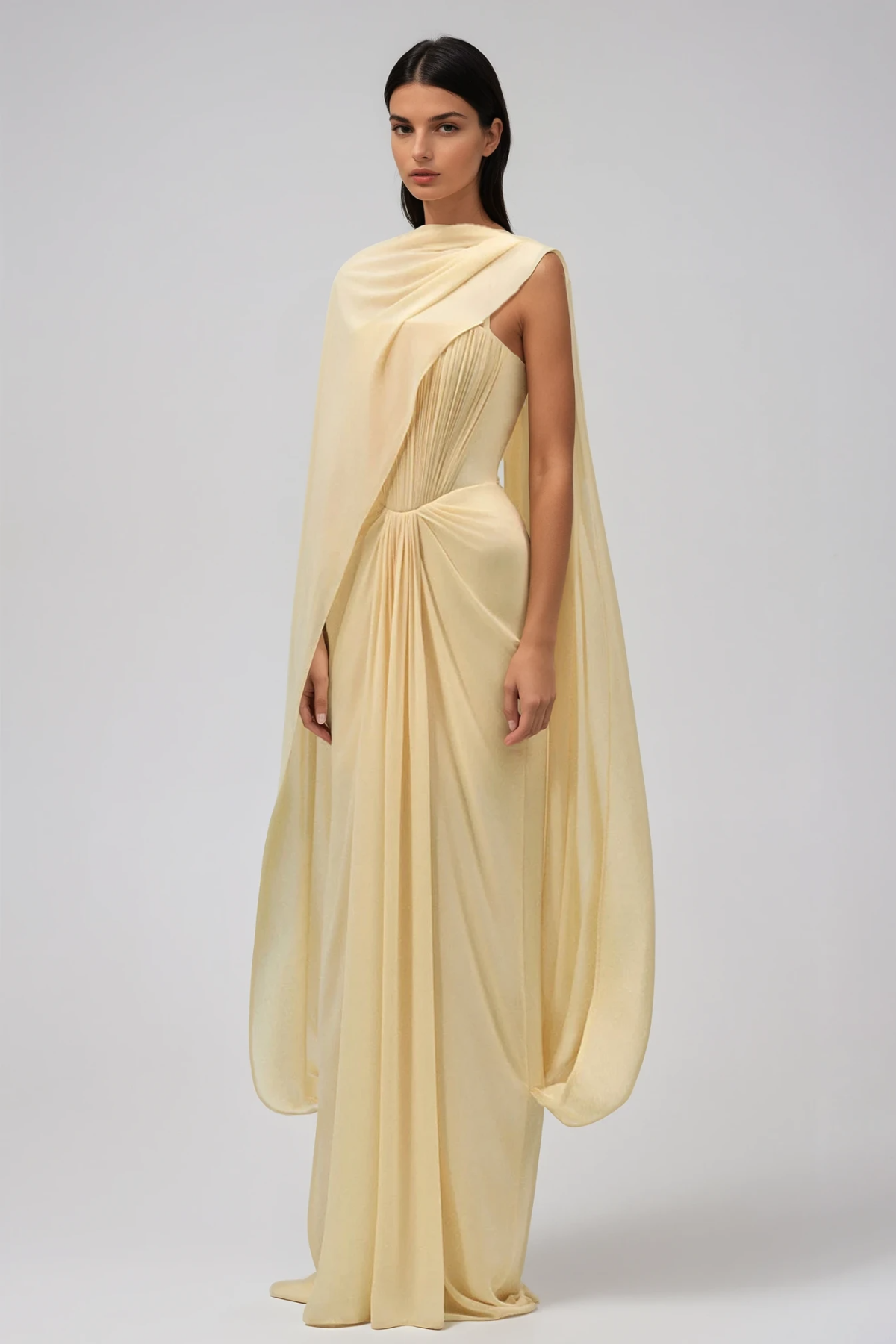 Giosetta Mesh Shawl Draped Maxi Dress In Yellow