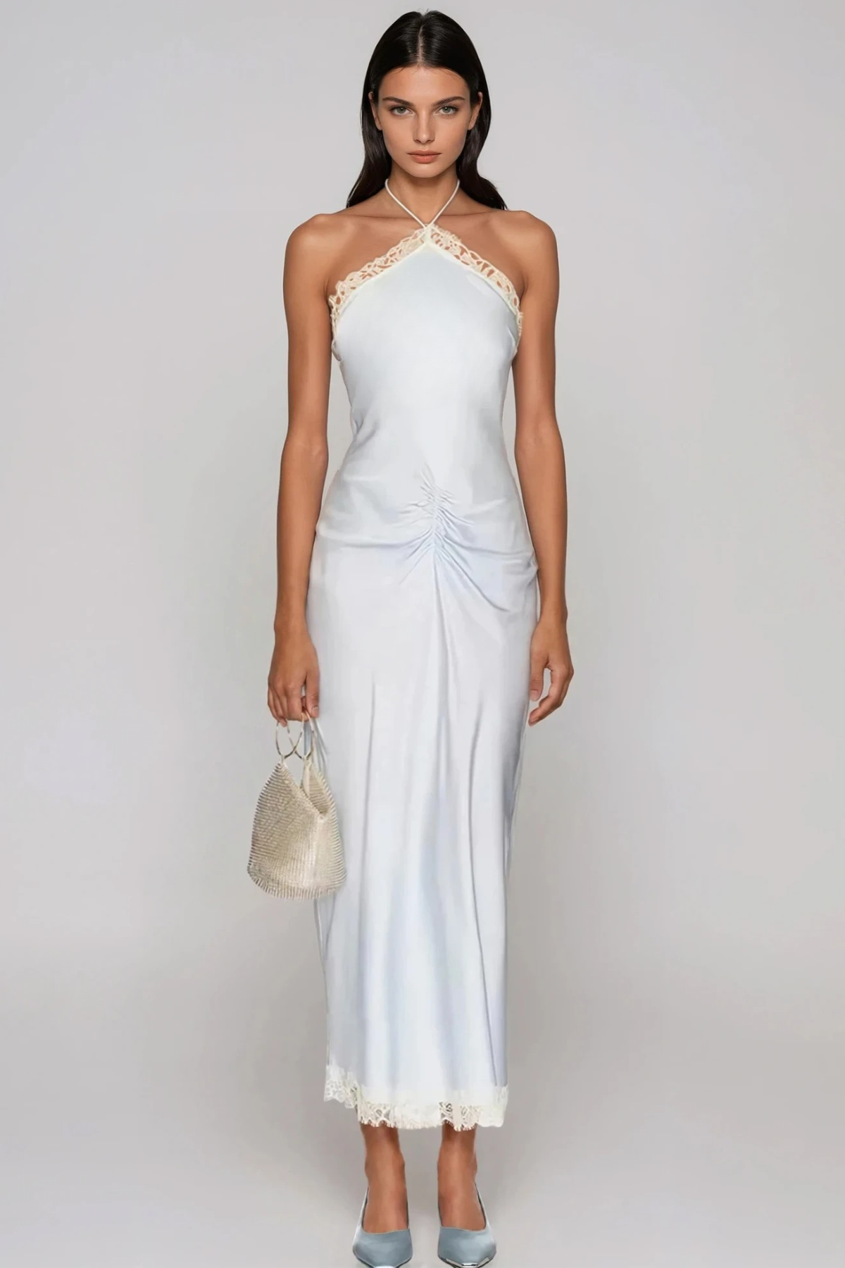 Giselmund Halter Neck  Lace Satin Midi Dress