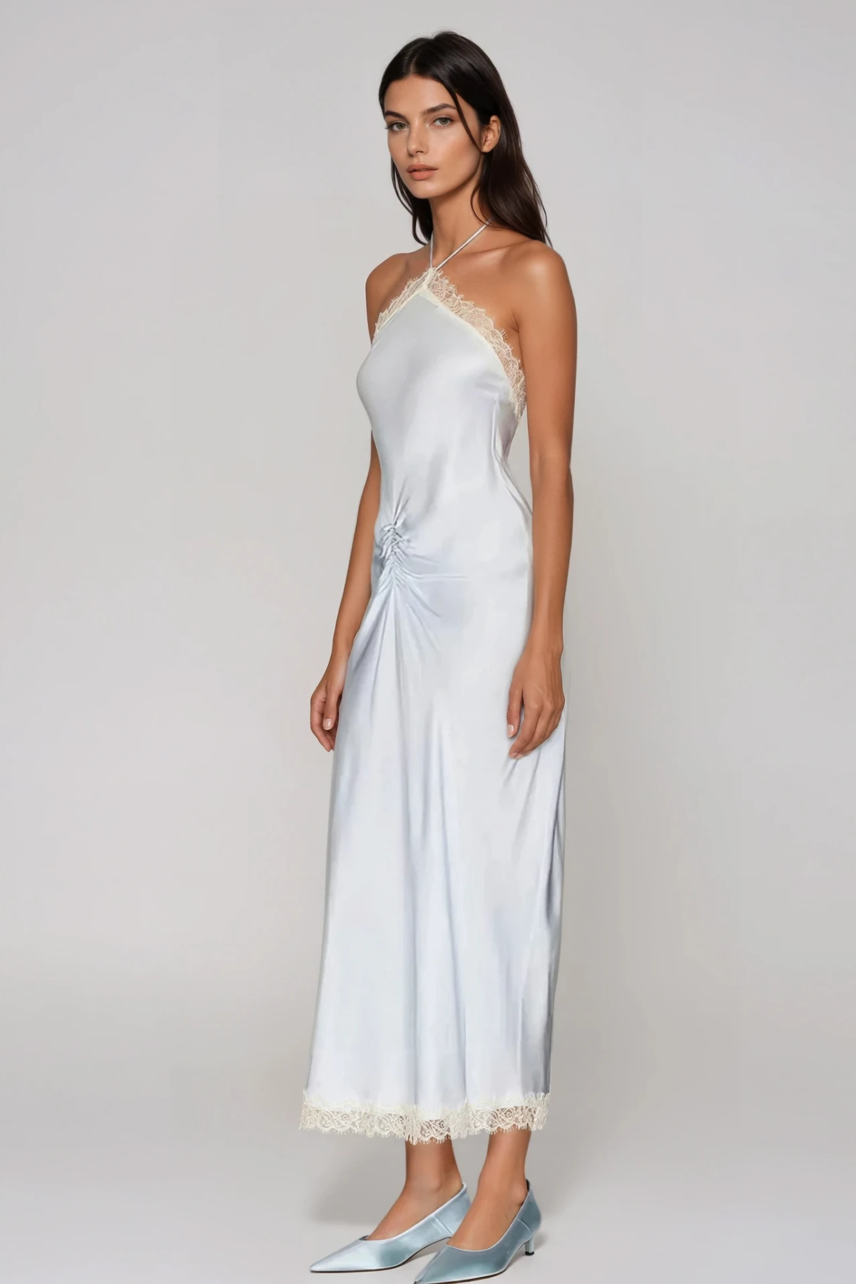 Giselmund Halter Neck  Lace Satin Midi Dress