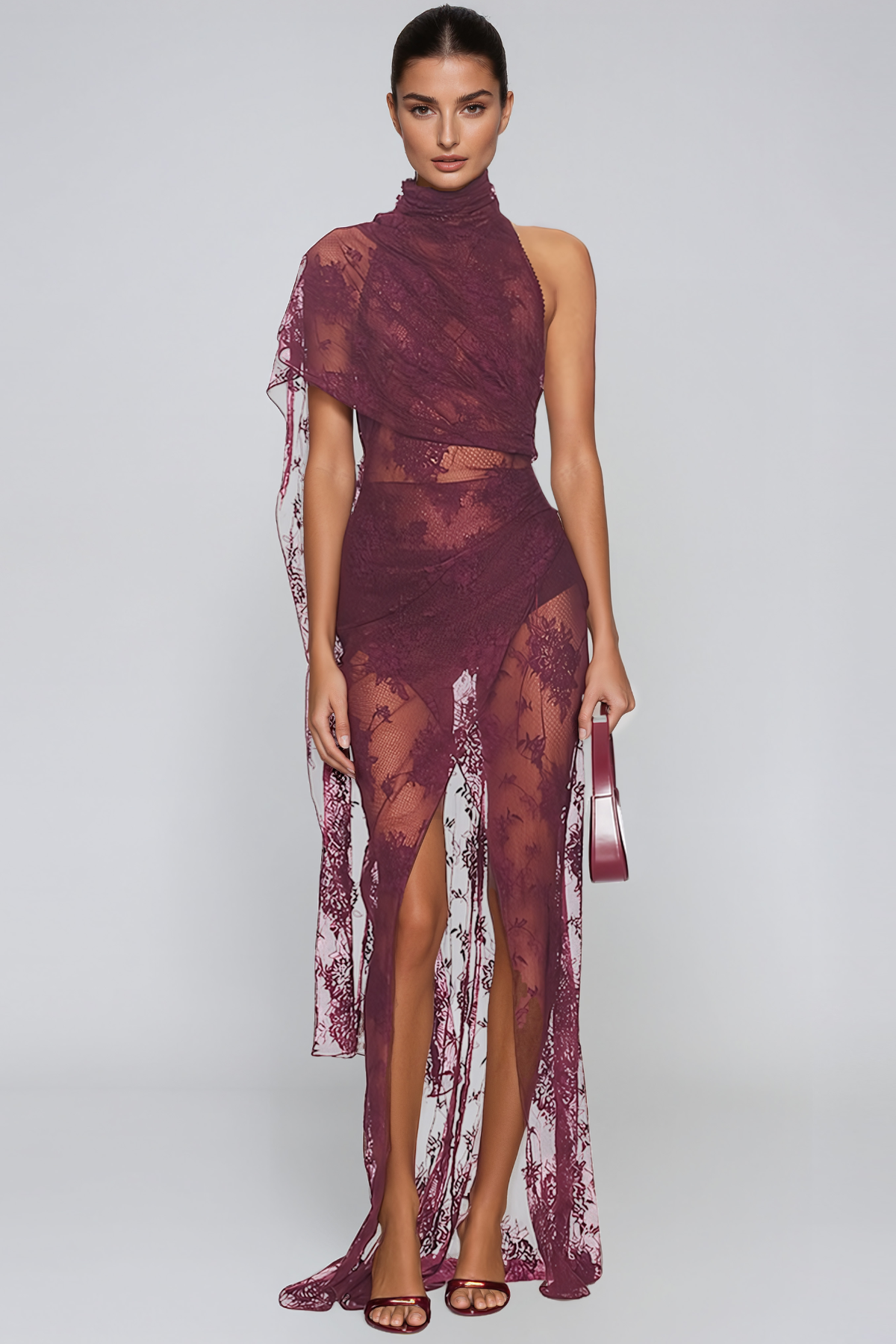 Jaanai Asymmetrical Mesh Lace Maxi Dress