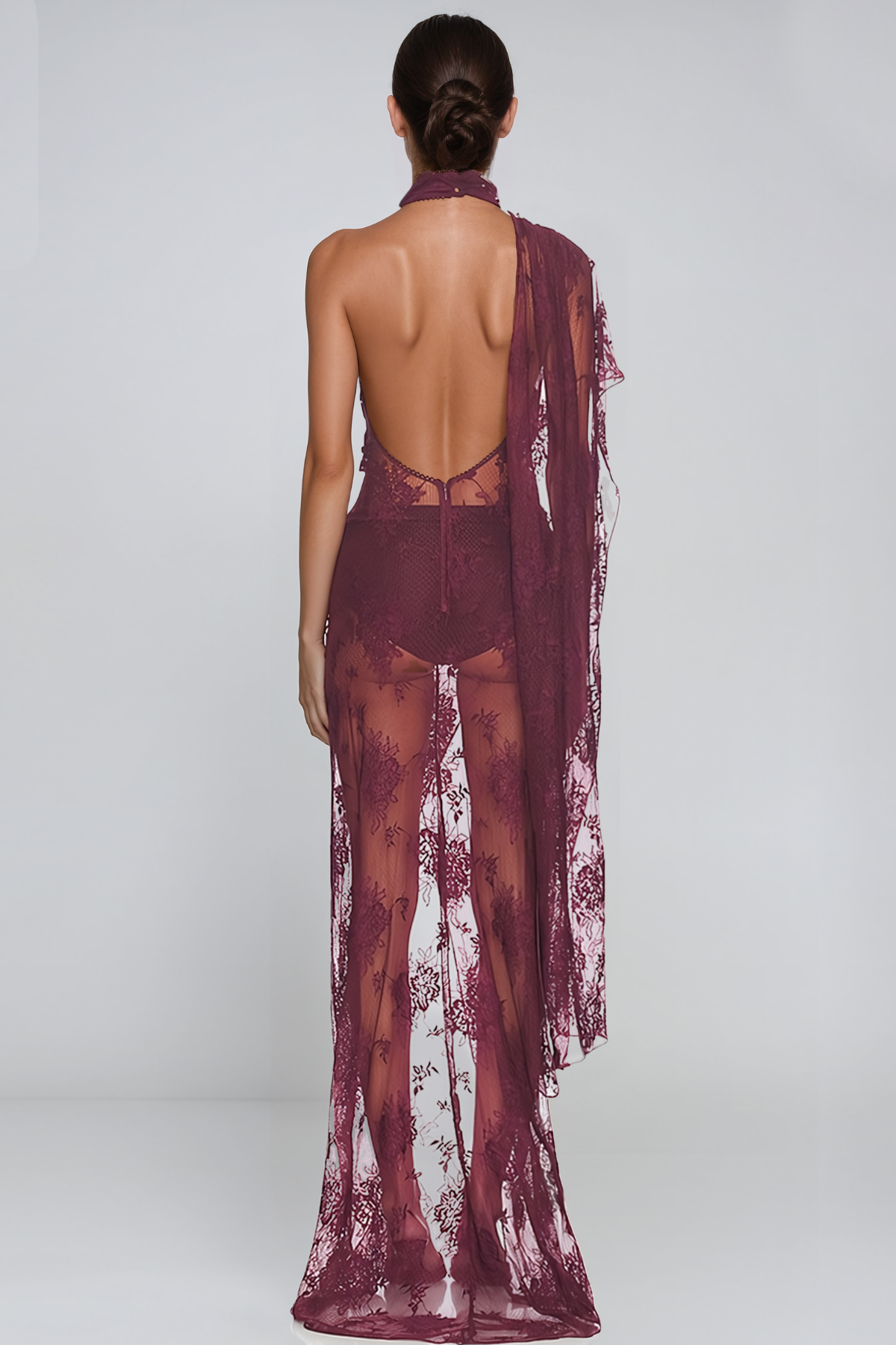 Jaanai Asymmetrical Mesh Lace Maxi Dress