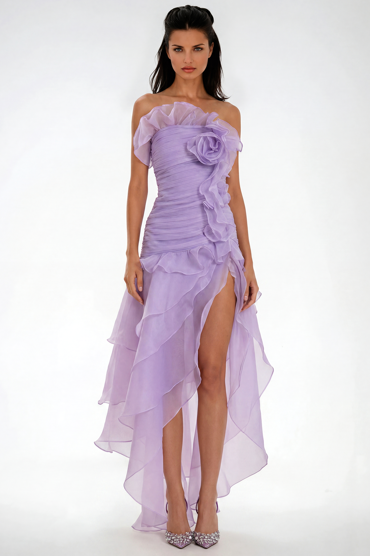 Elizabet Flower Ruch Ruffle Maxi Dress