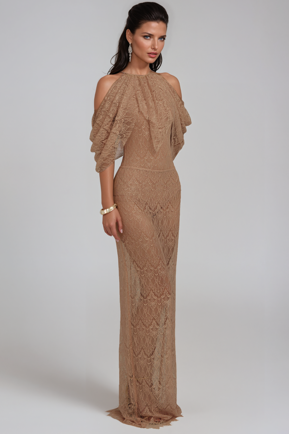 Hisako Halter Neck Lace Ruffle Maxi Dress
