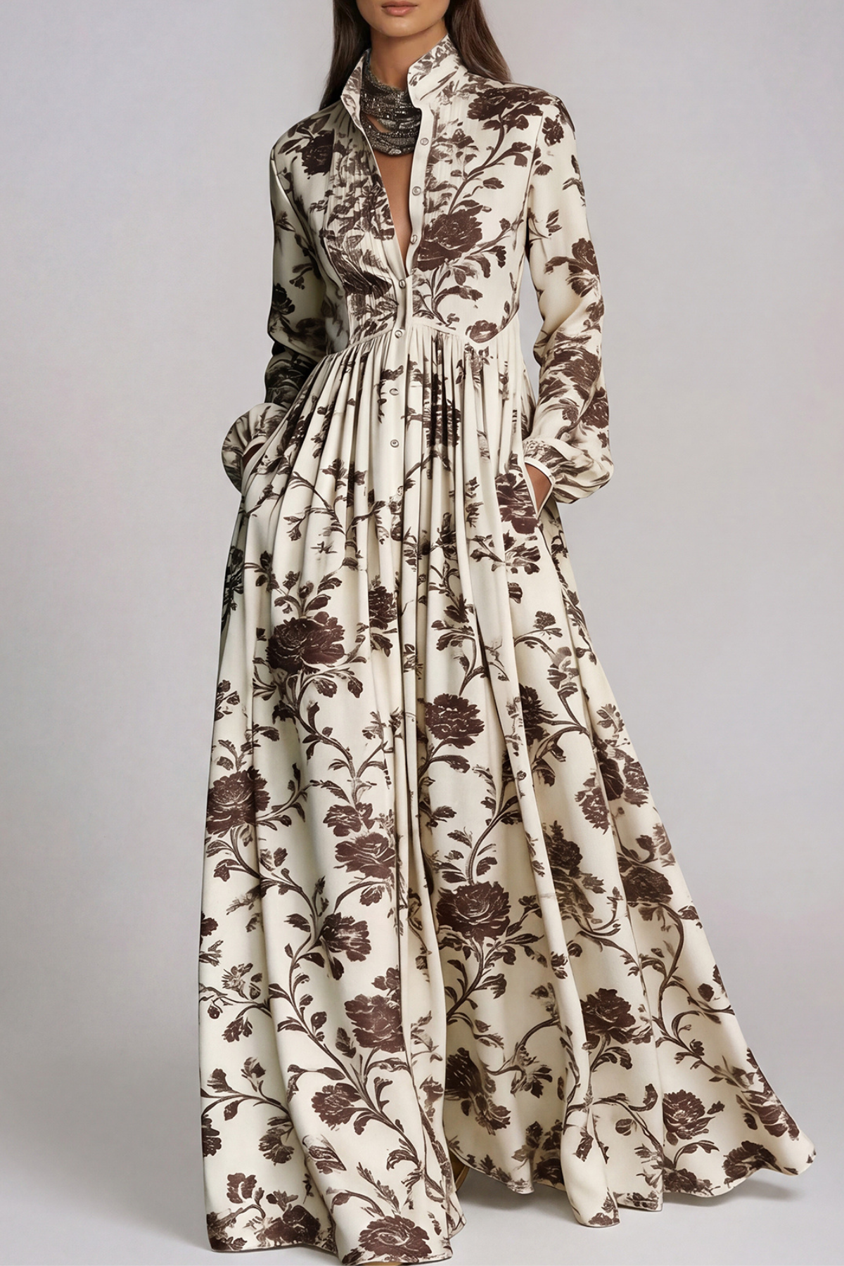 Fizza Plunge Ruch Floral Maxi Dress In Brown