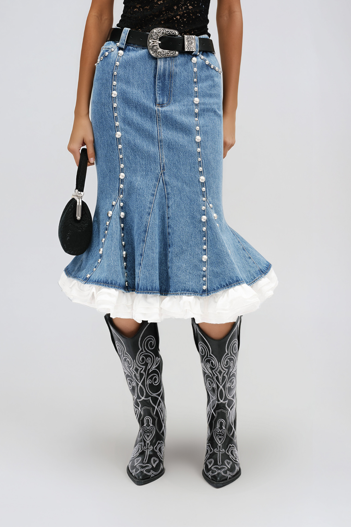 Jaumet Denim Pearl Lace Midi Skirt