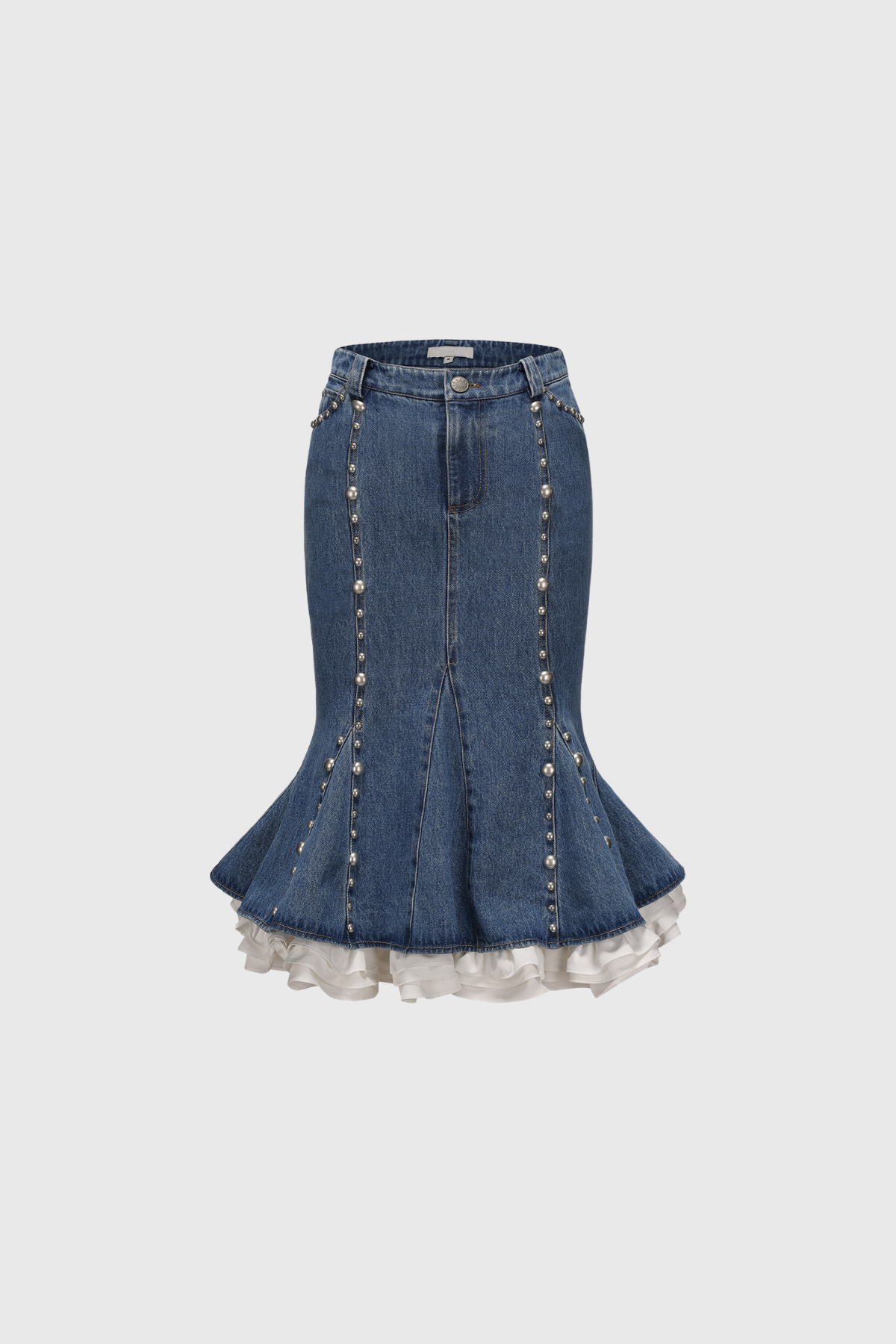 Jaumet Denim Pearl Lace Midi Skirt
