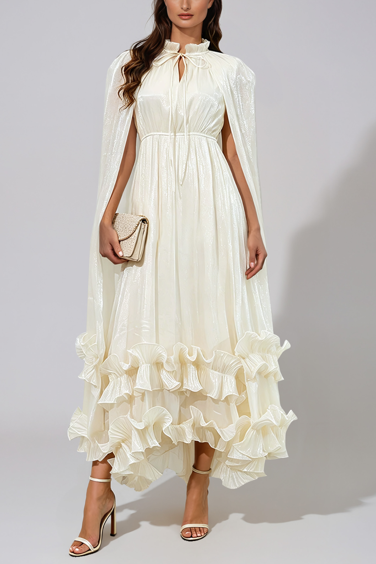 Jaakkima Satin Shawl Ruffle Midi Dress