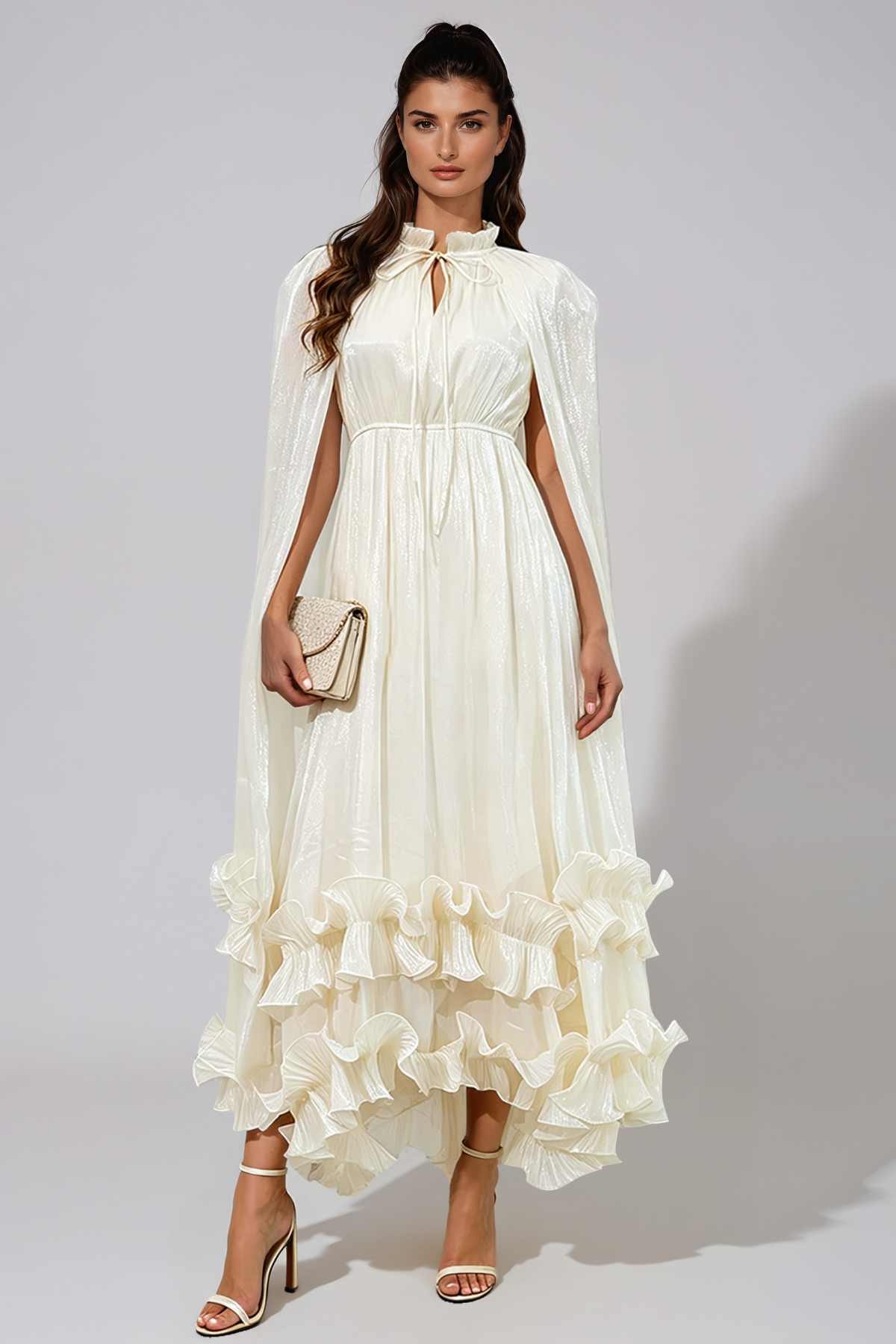 Jaakkima Satin Shawl Ruffle Midi Dress